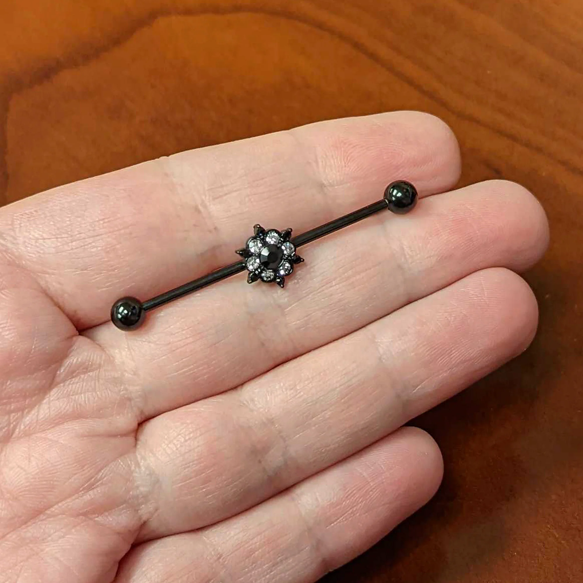 14G Clear CZ Gem Black Abstract Sun Industrial Barbell 38mm - Image 3