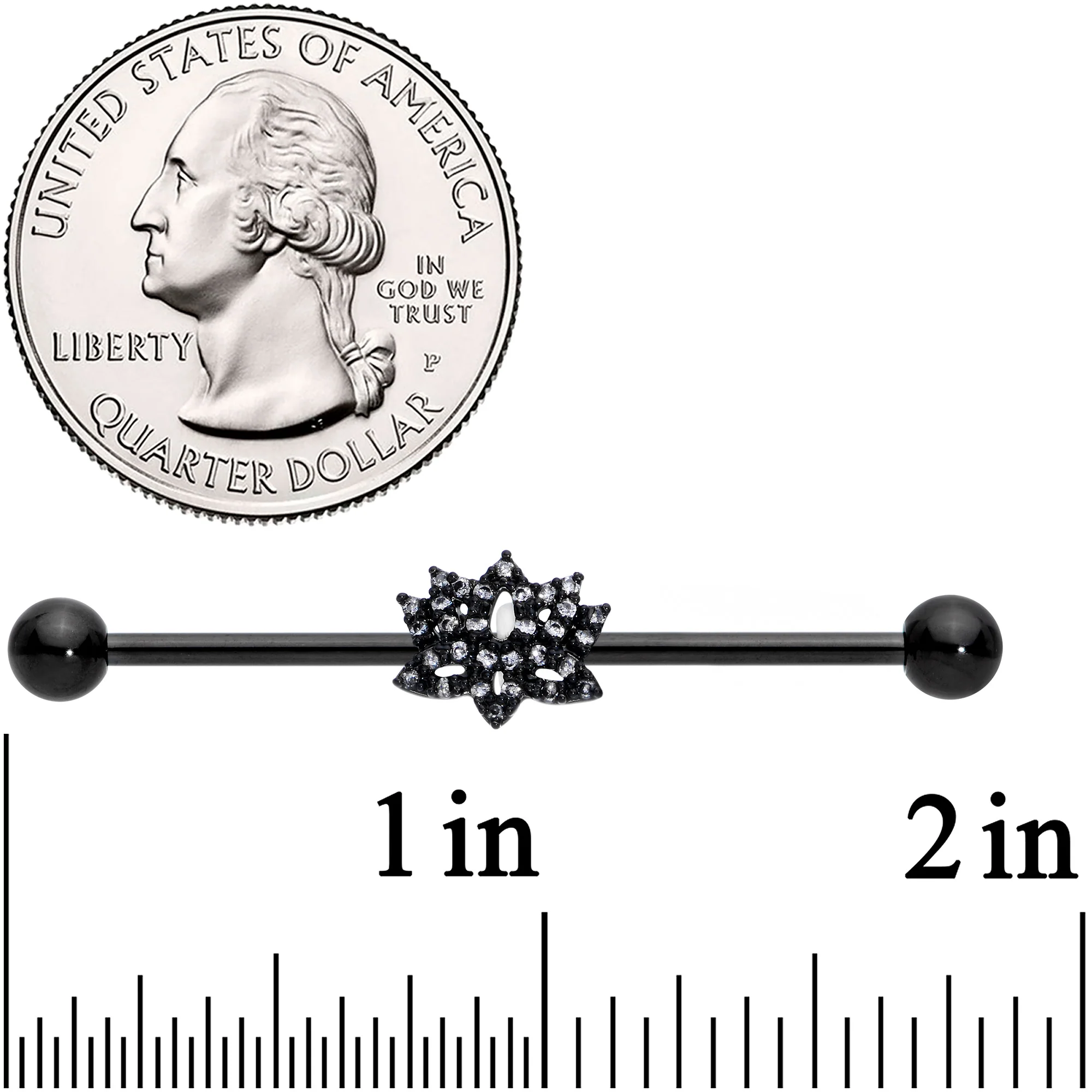 14G Clear CZ Gem Black Lotus Flower Industrial Barbell 38mm - Image 2