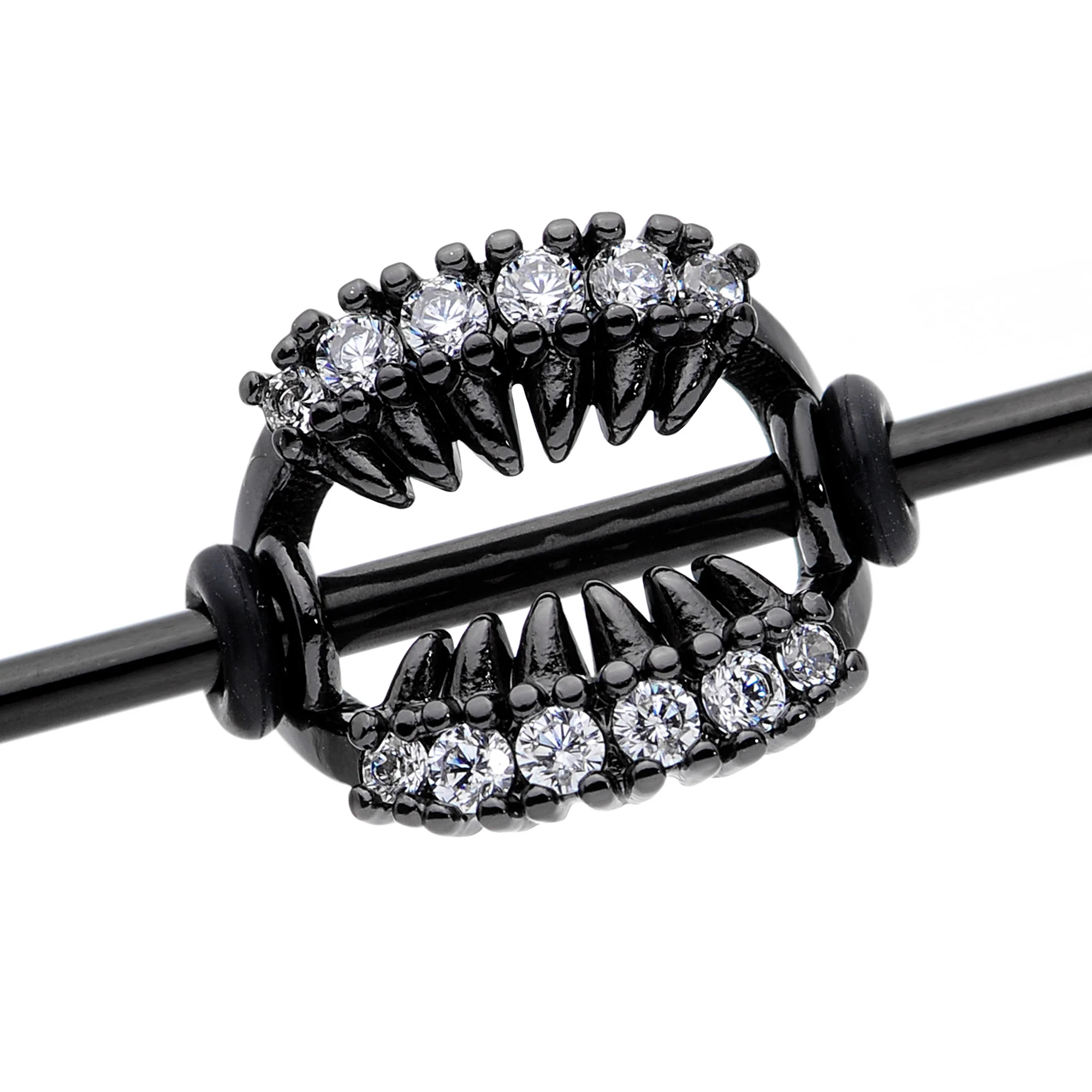 14G Clear CZ Gem Black Monster Fangs Industrial Barbell 38mm - Image 2