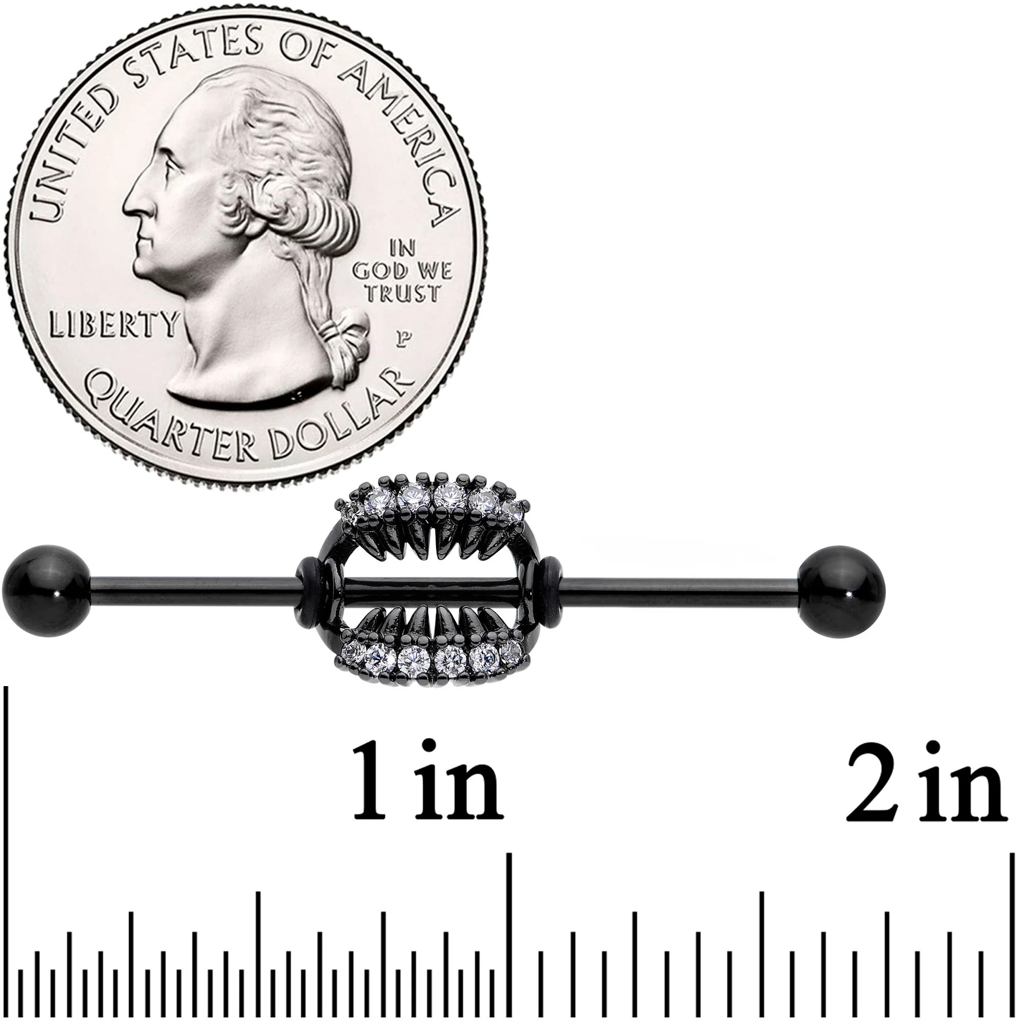 14G Clear CZ Gem Black Monster Fangs Industrial Barbell 38mm - Image 3