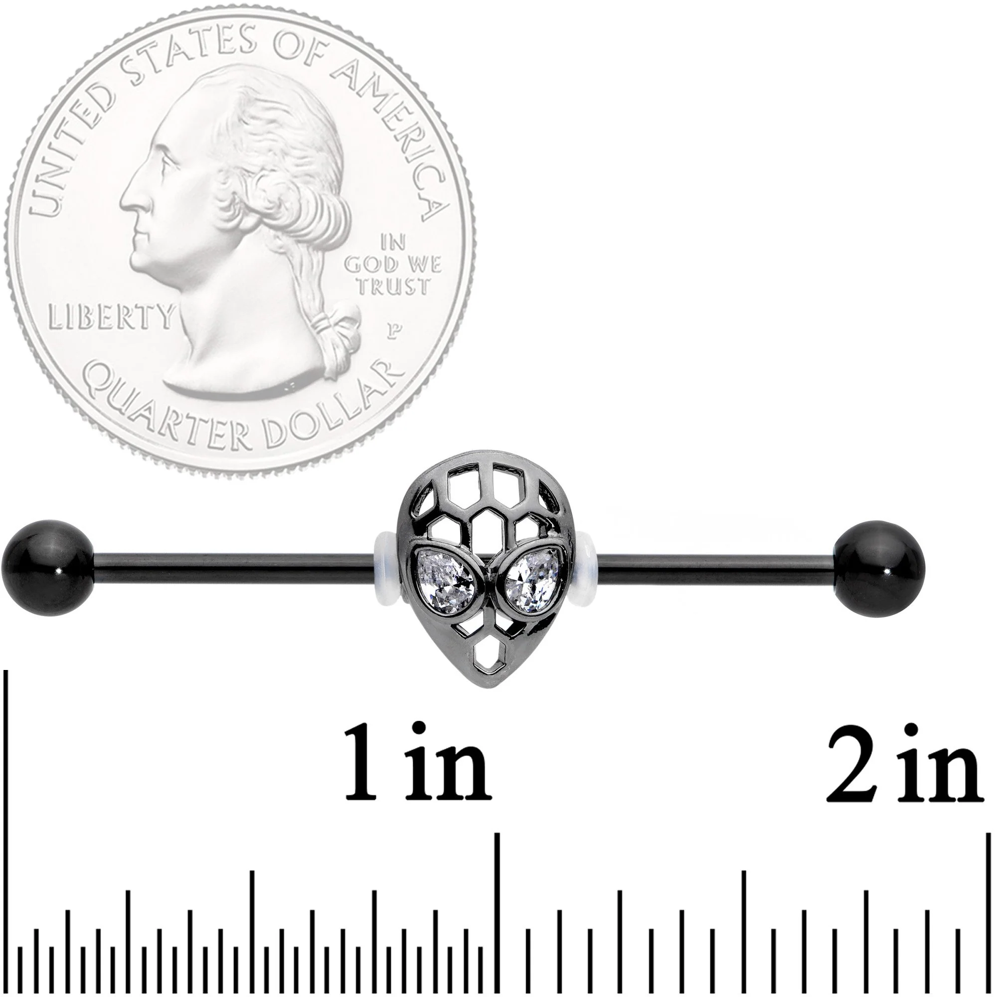 14G Clear CZ Gem Black Openwork Alien Industrial Barbell 38mm - Image 2