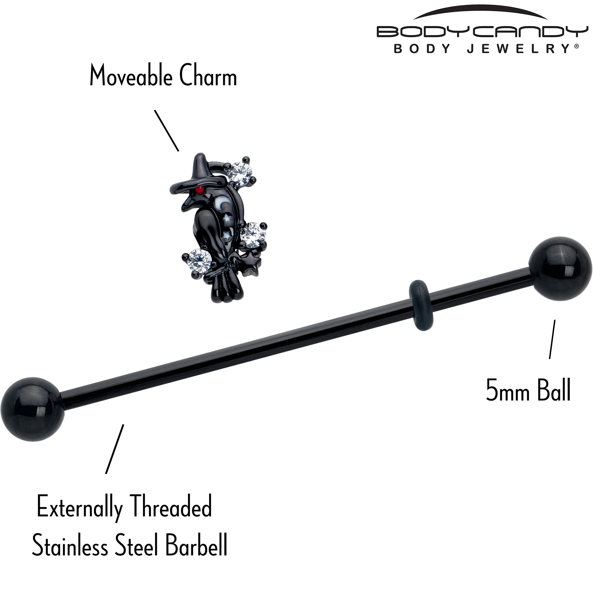 14G Clear CZ Gem Black Raven Witch Industrial Barbell 38mm - Image 4