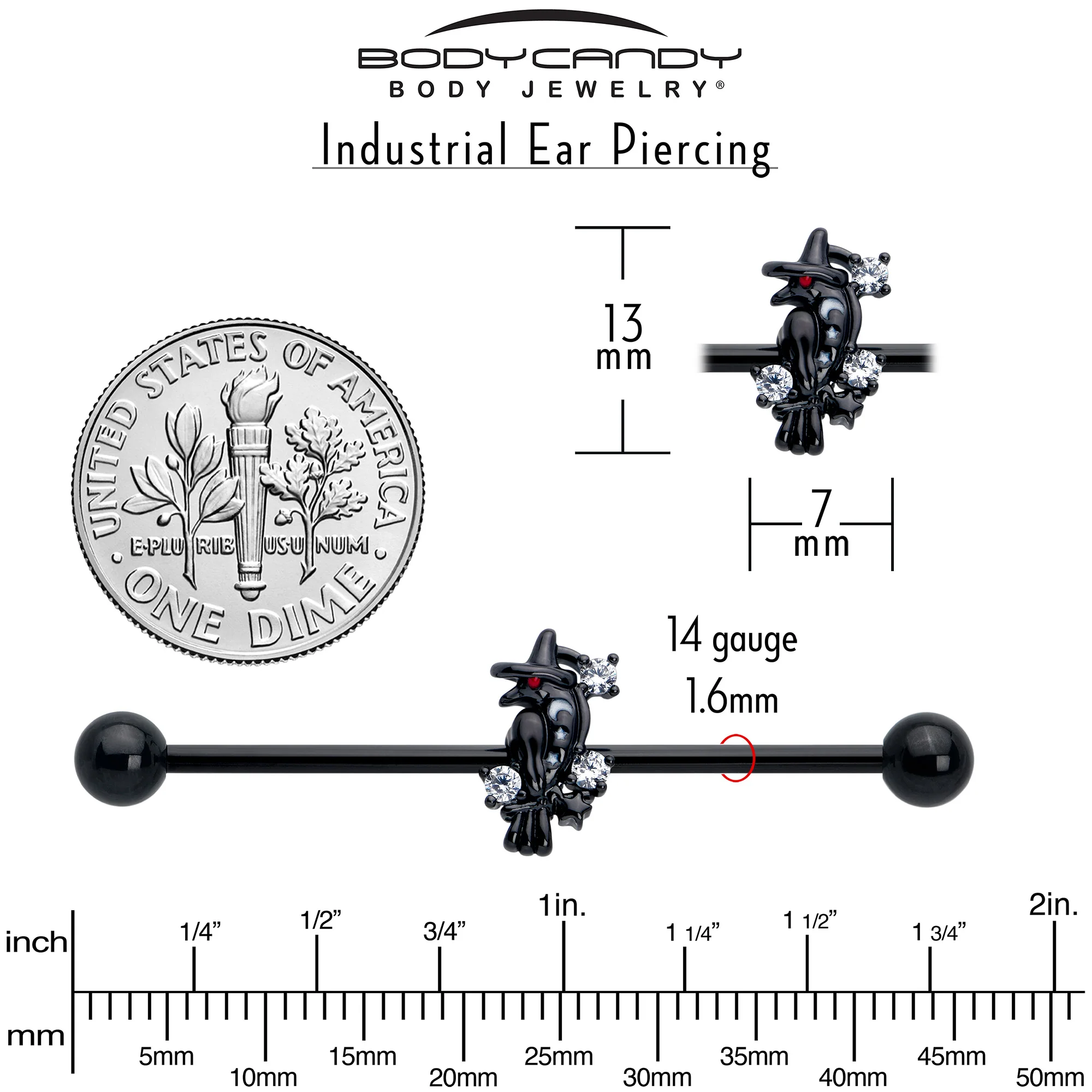 14G Clear CZ Gem Black Raven Witch Industrial Barbell 38mm - Image 5