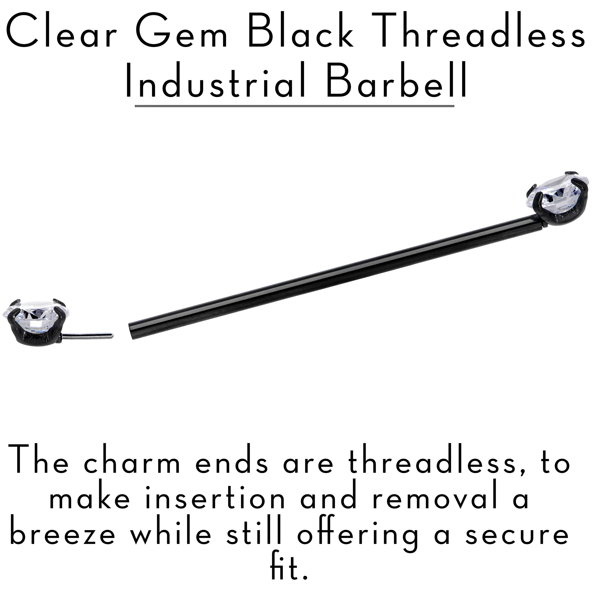 14G Clear CZ Gem Black Threadless Industrial Barbell 38mm - Image 2