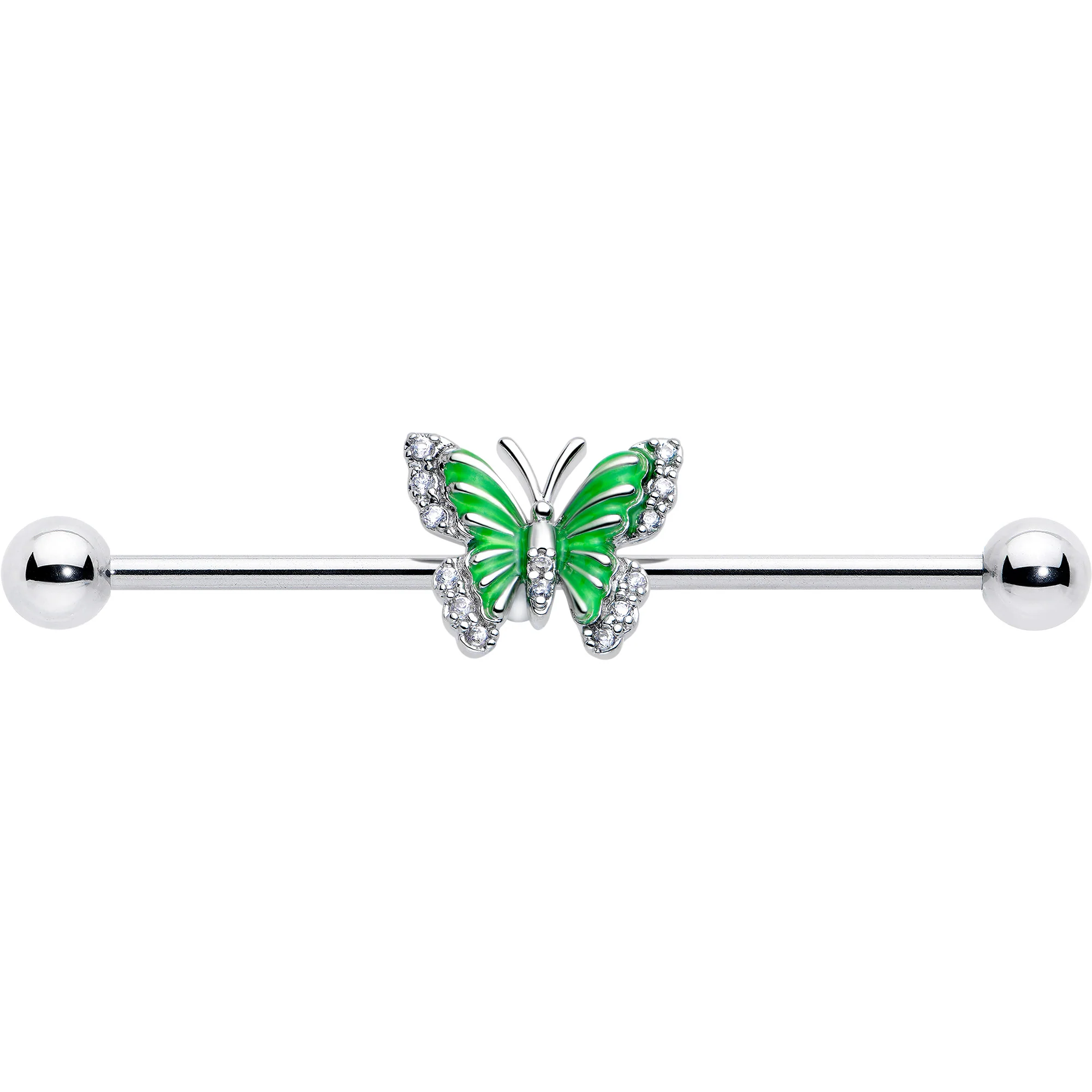 14G Clear CZ Gem Butterfly Green Industrial Barbell 38mm - Image 3