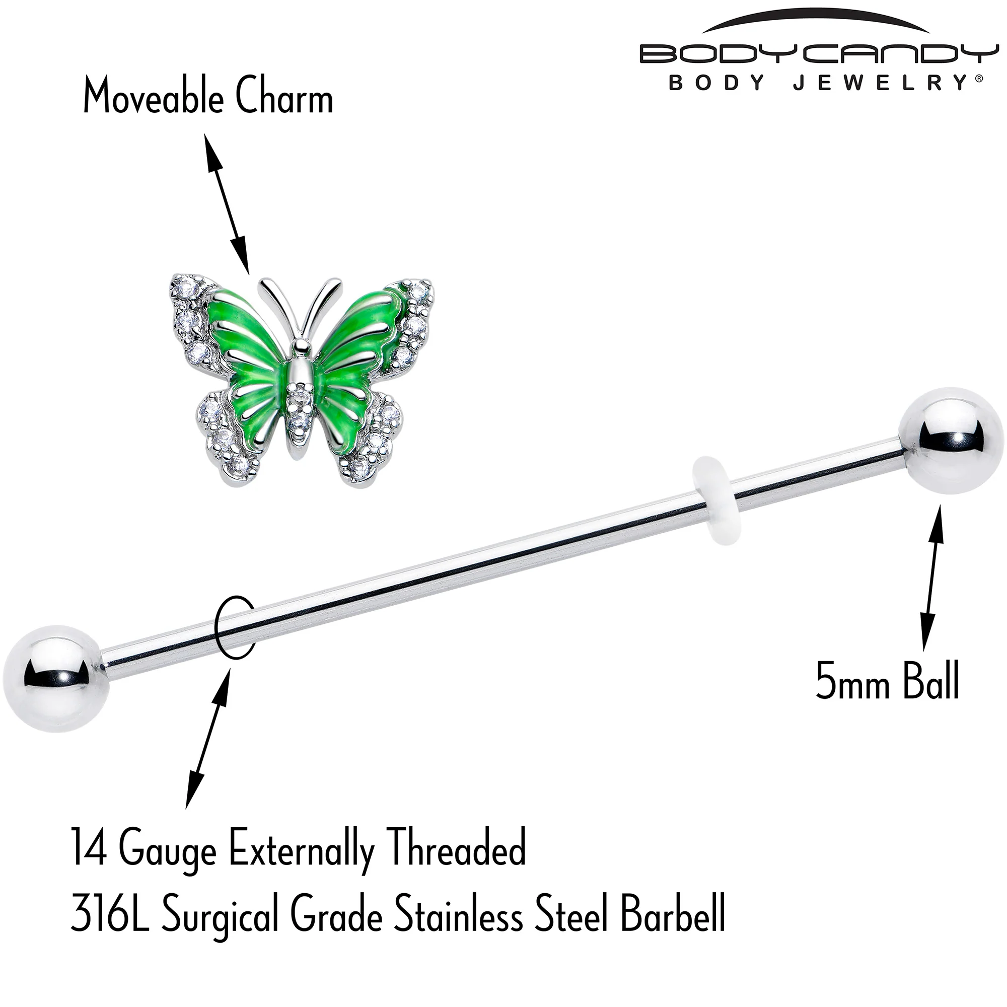 14G Clear CZ Gem Butterfly Green Industrial Barbell 38mm - Image 4