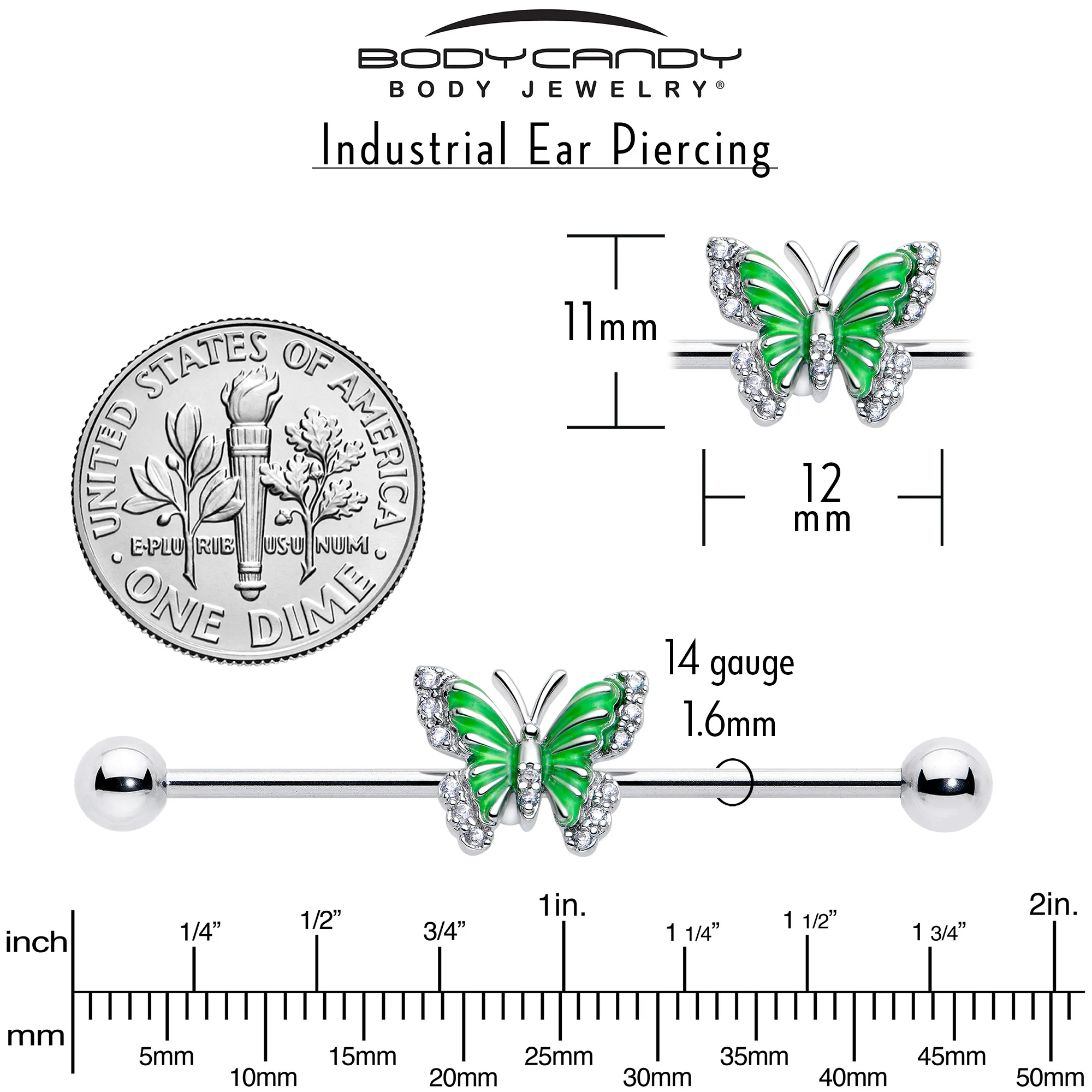 14G Clear CZ Gem Butterfly Green Industrial Barbell 38mm - Image 5