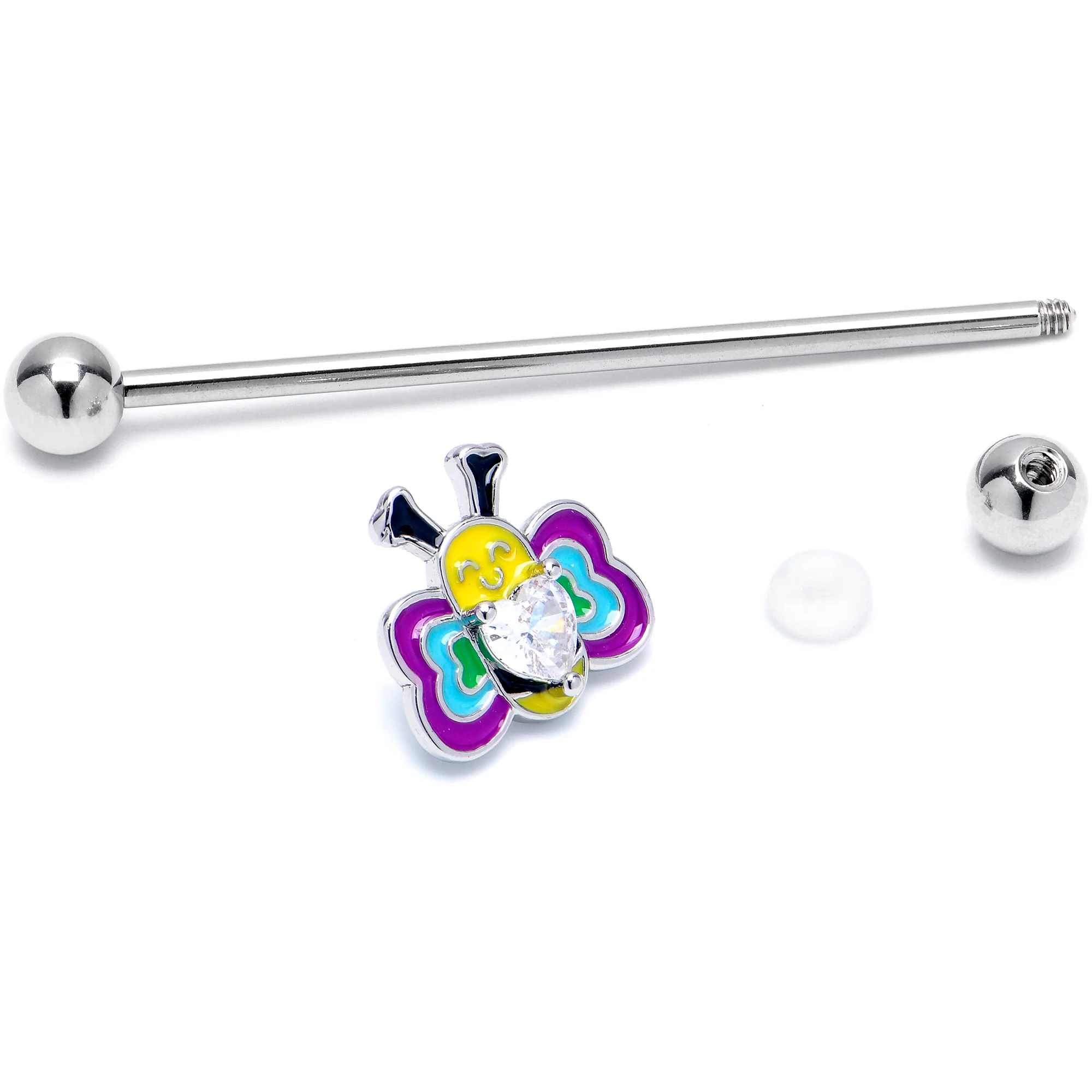14G Clear CZ Gem Butterfly Love Bug Heart Industrial Barbell 38mm - Image 2
