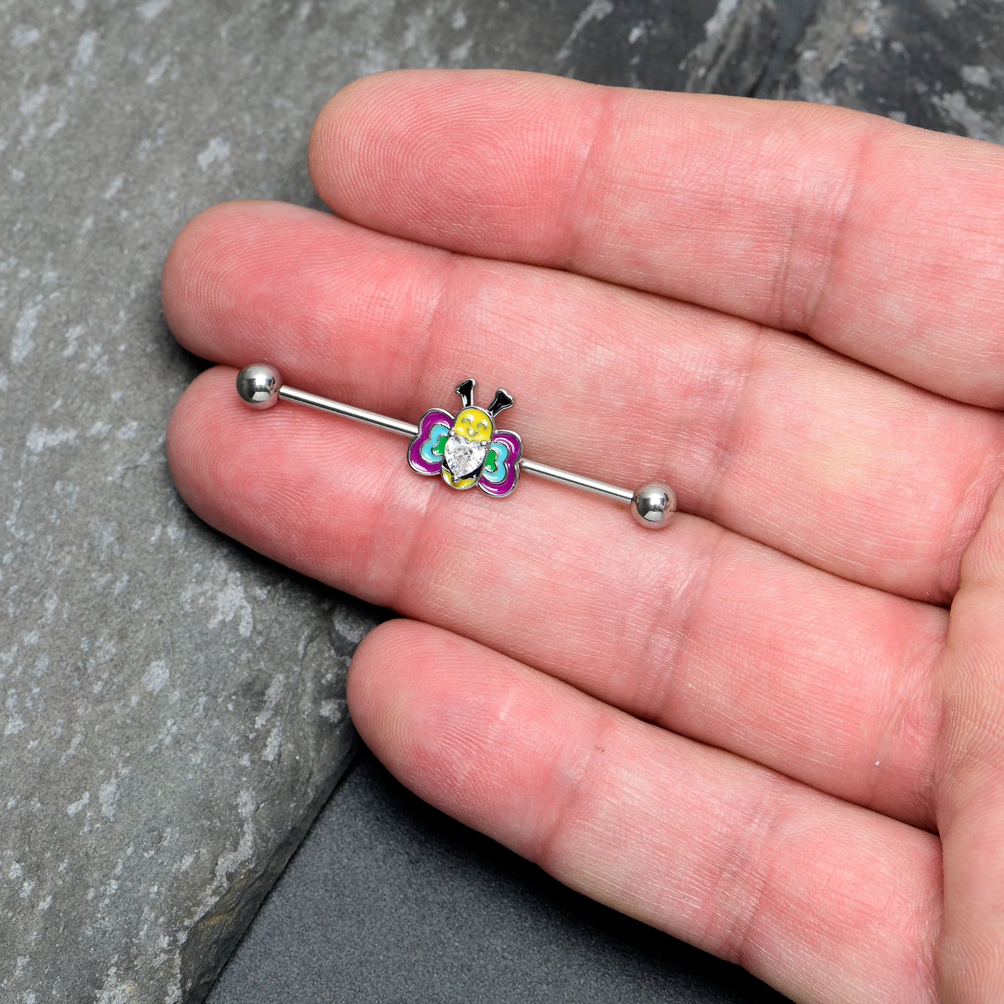 14G Clear CZ Gem Butterfly Love Bug Heart Industrial Barbell 38mm - Image 3