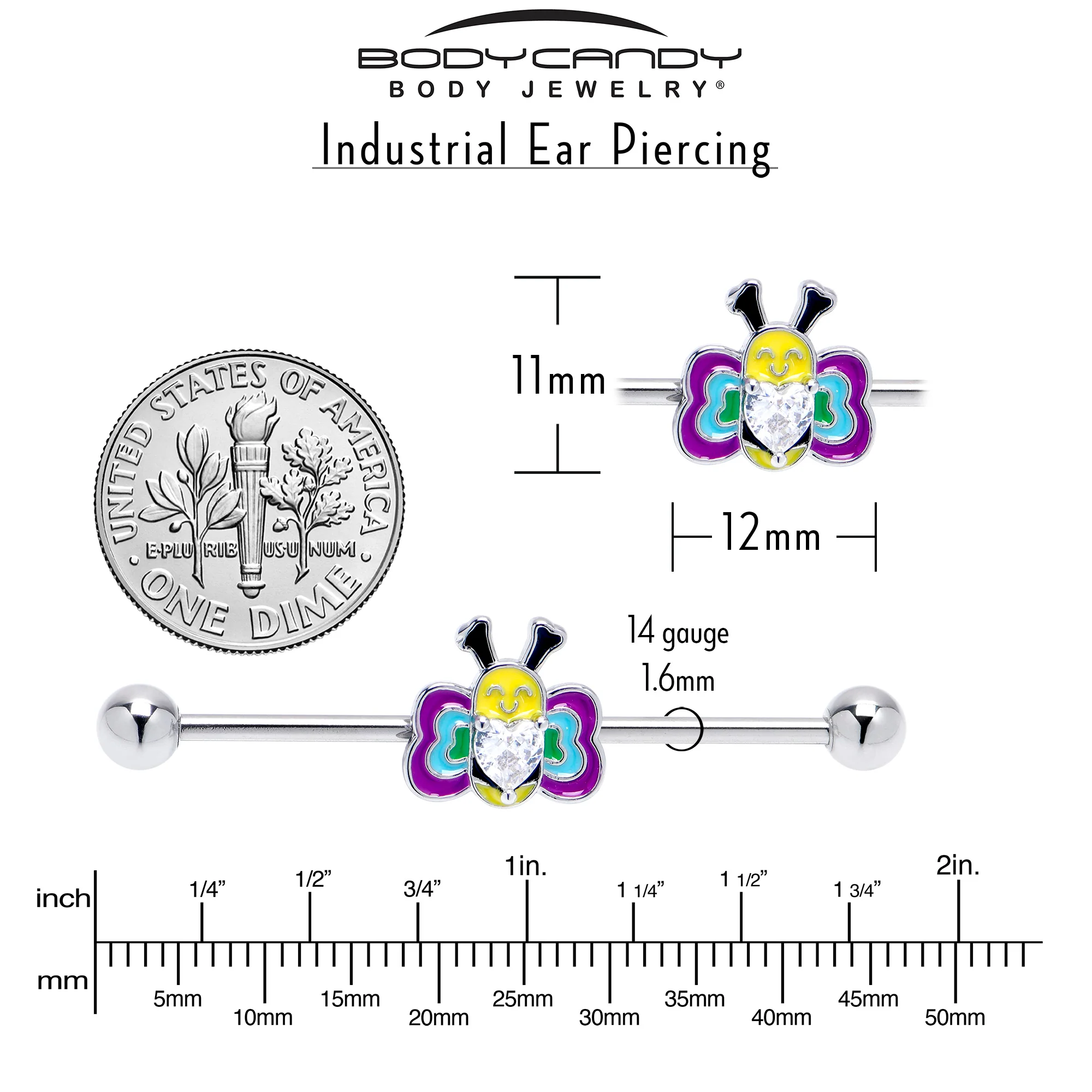 14G Clear CZ Gem Butterfly Love Bug Heart Industrial Barbell 38mm - Image 4