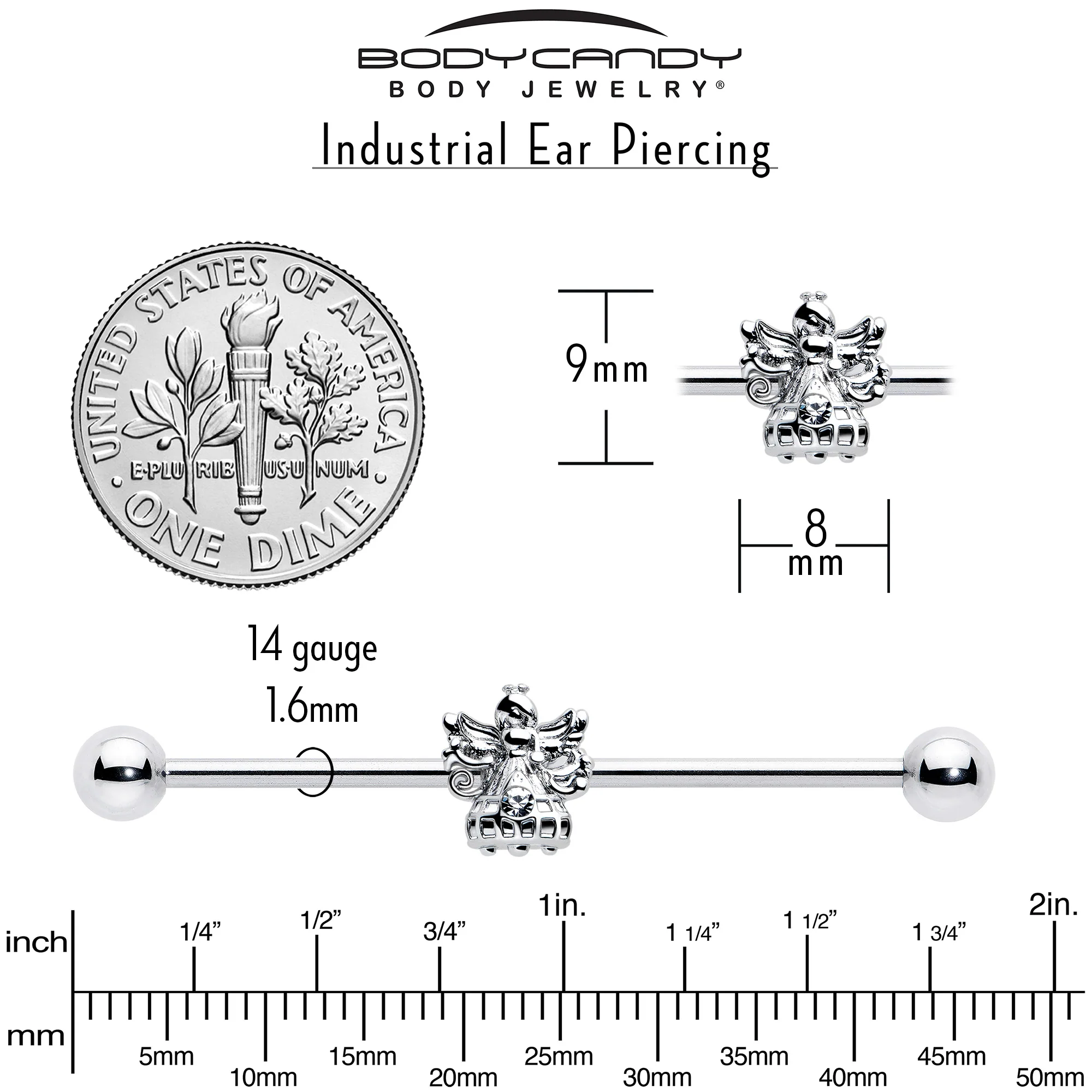 14G Clear CZ Gem Fabulous Angel Industrial Barbell 38mm - Image 5