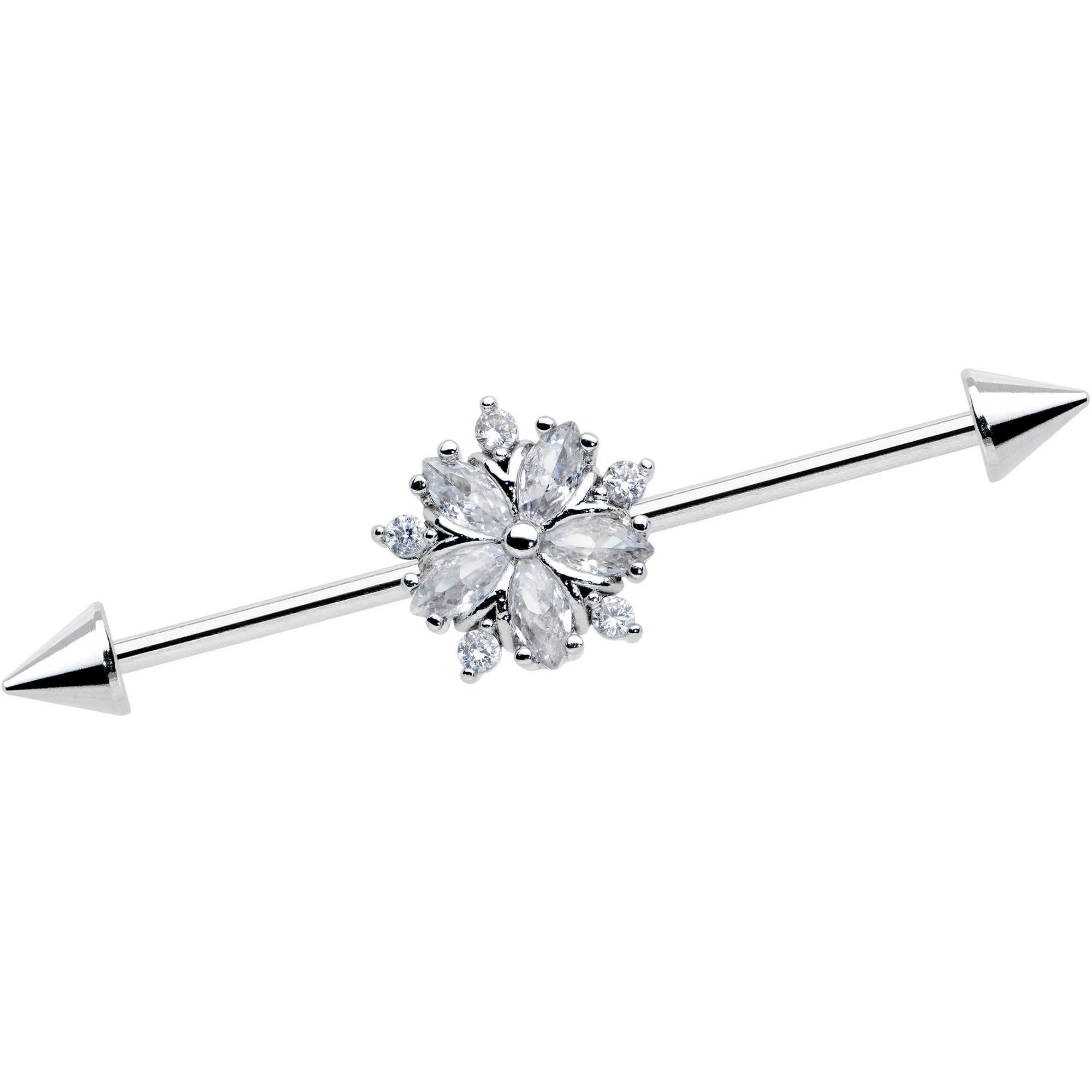 14G Clear CZ Gem Floral Burst Cone Ends Industrial Barbell 38mm