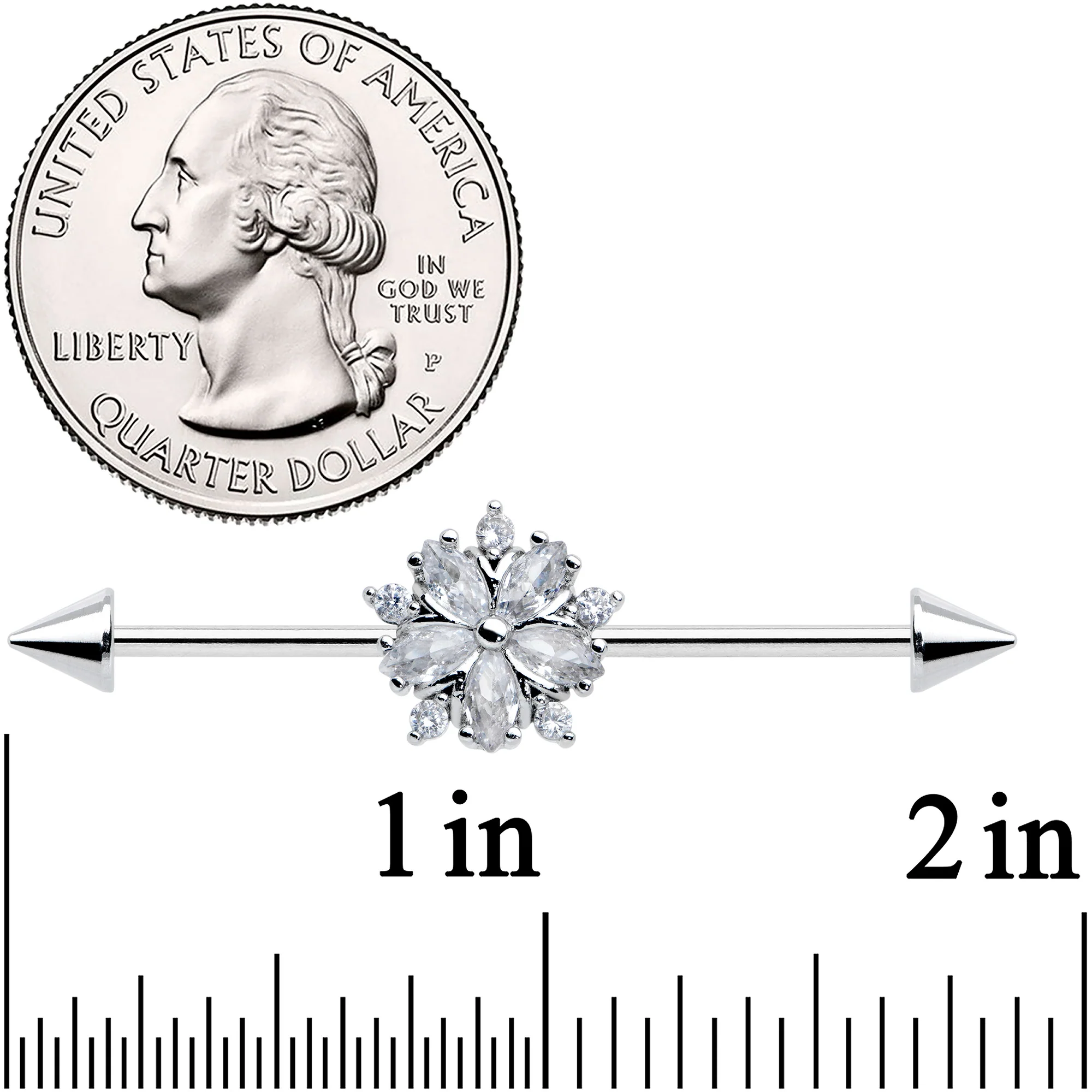 14G Clear CZ Gem Floral Burst Cone Ends Industrial Barbell 38mm - Image 2