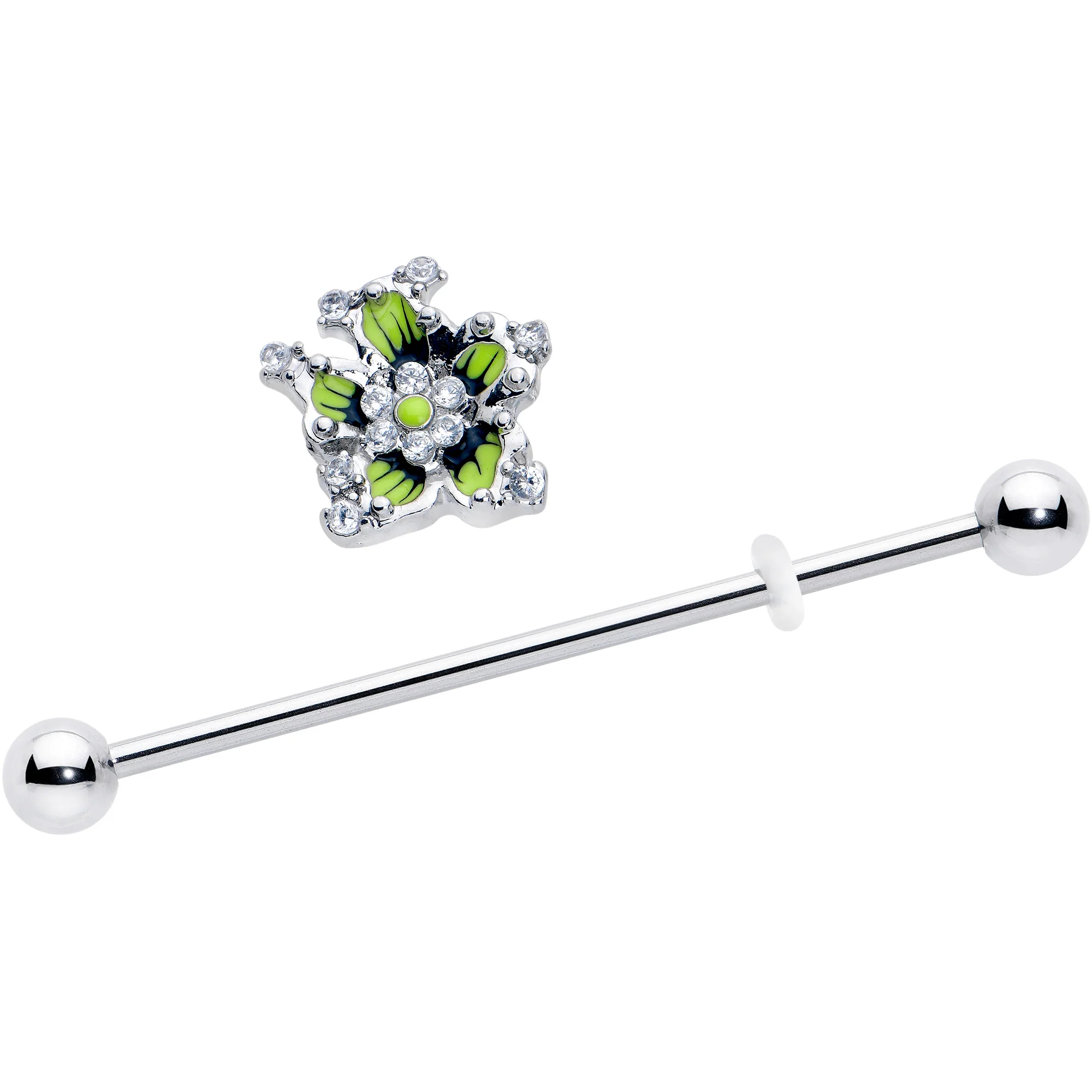 14G Clear CZ Gem Go Green Flower Industrial Barbell 38mm - Image 2