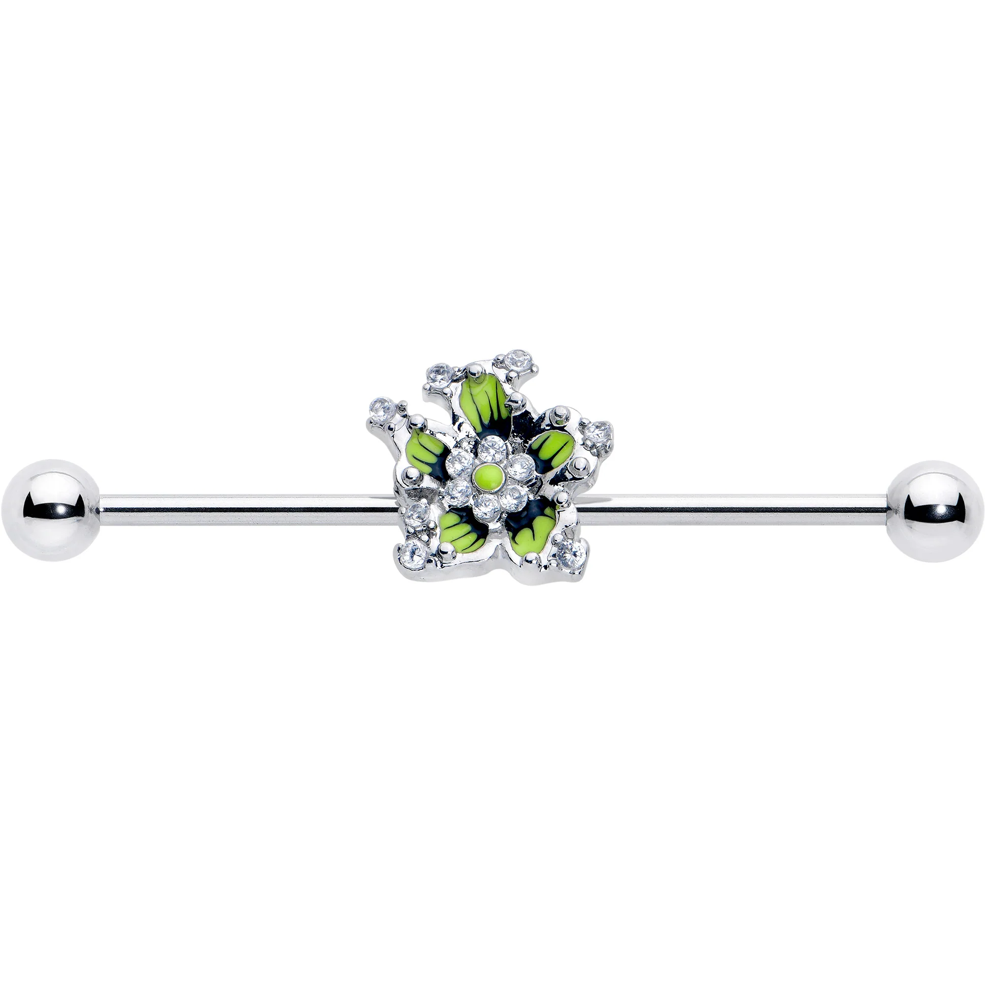 14G Clear CZ Gem Go Green Flower Industrial Barbell 38mm - Image 3