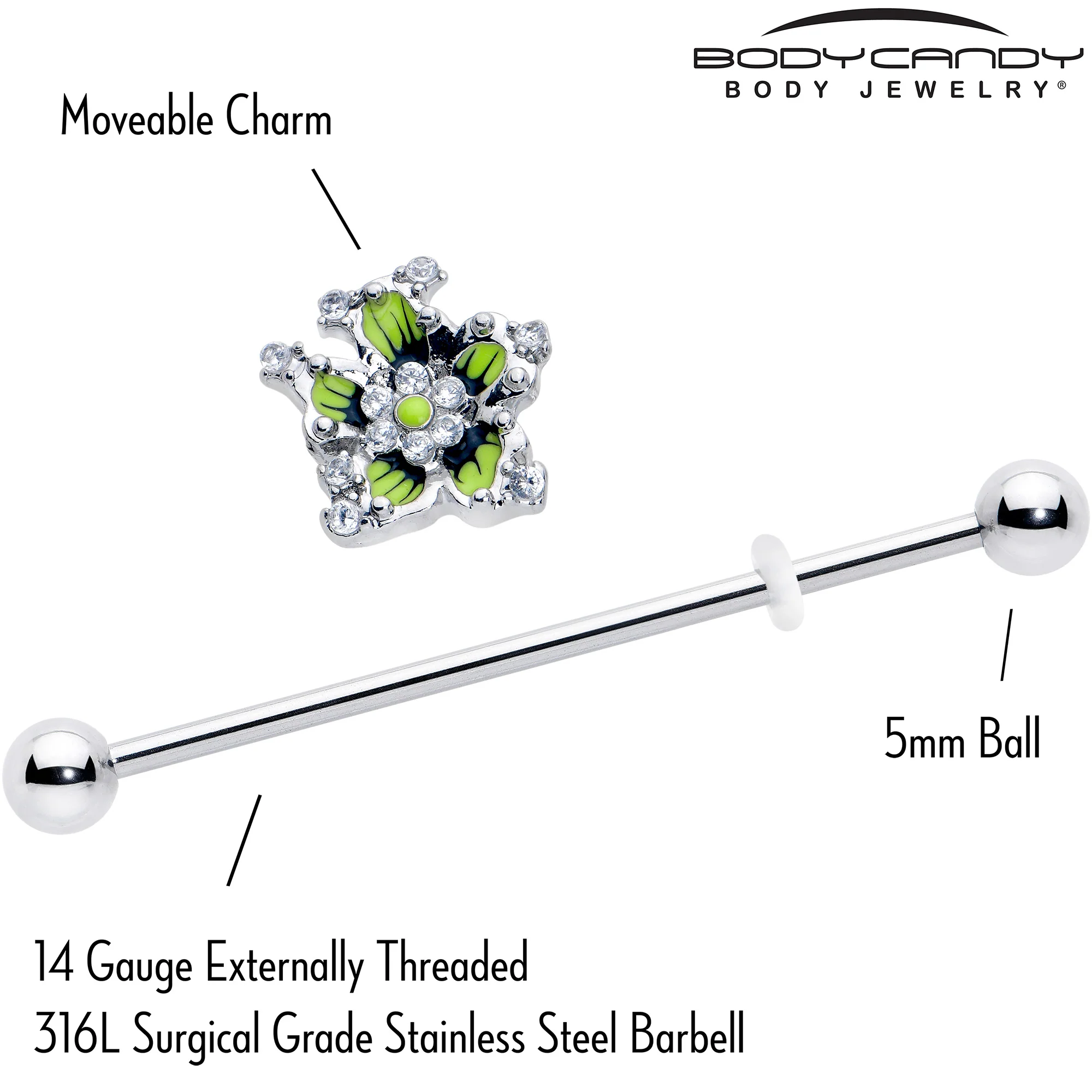 14G Clear CZ Gem Go Green Flower Industrial Barbell 38mm - Image 4