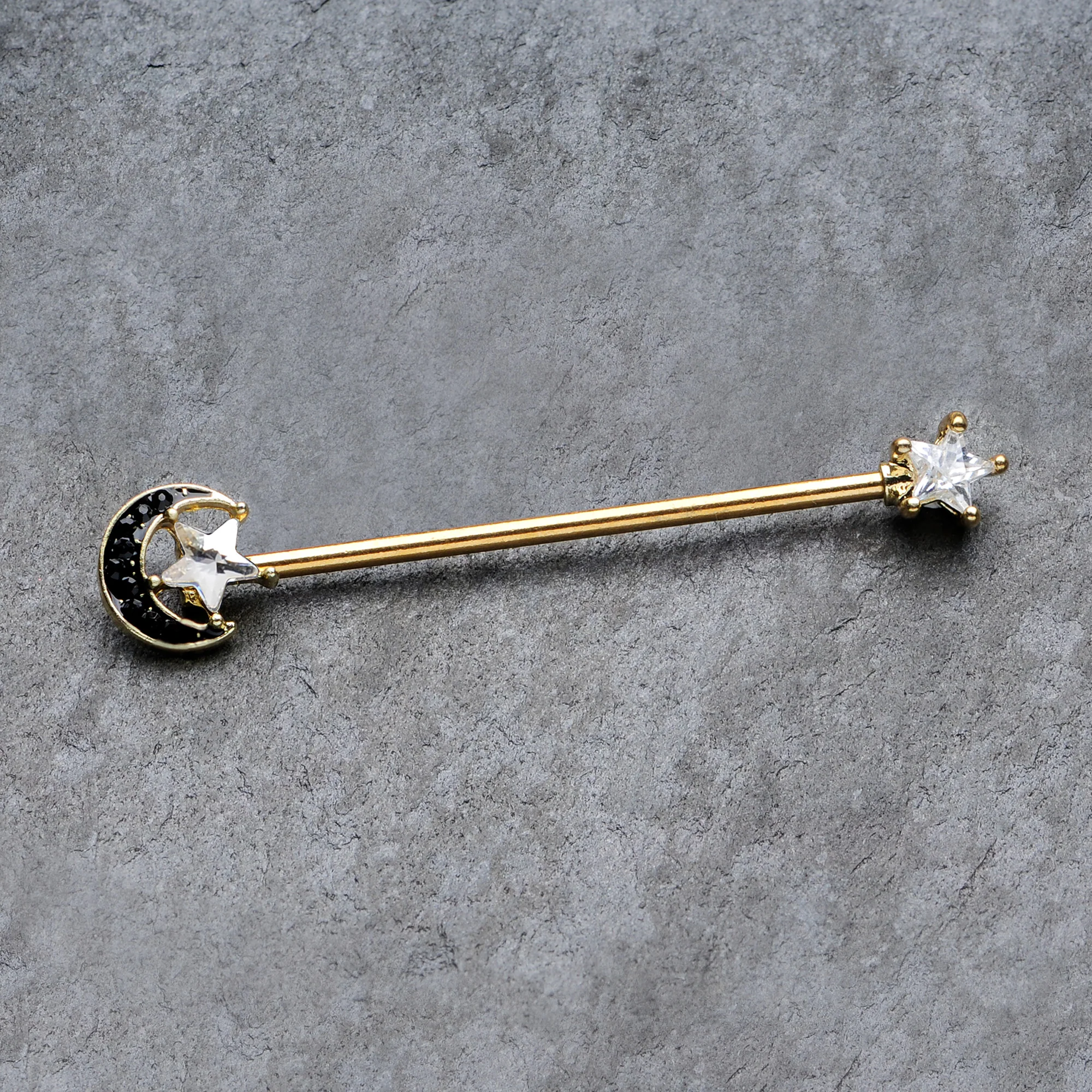 14G Clear CZ Gem Gold Hue Star Black Moon Industrial Barbell 38mm - Image 2