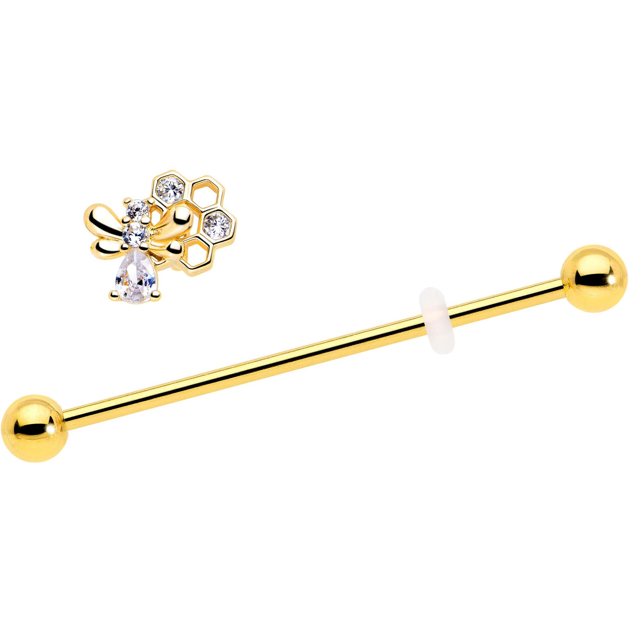 14G Clear CZ Gem Gold Tone Bee Hive Luv Industrial Barbell 38mm - Image 2