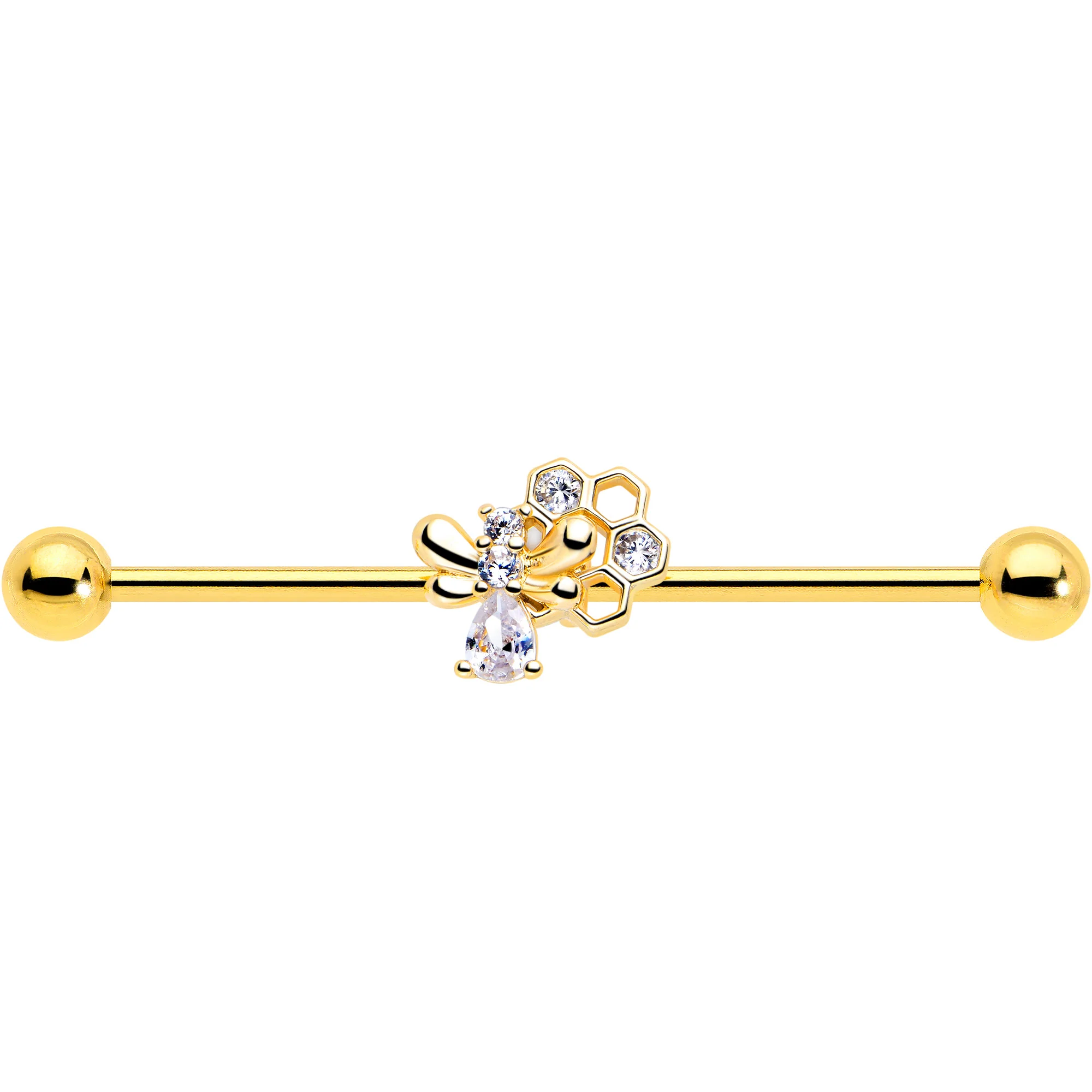 14G Clear CZ Gem Gold Tone Bee Hive Luv Industrial Barbell 38mm - Image 3