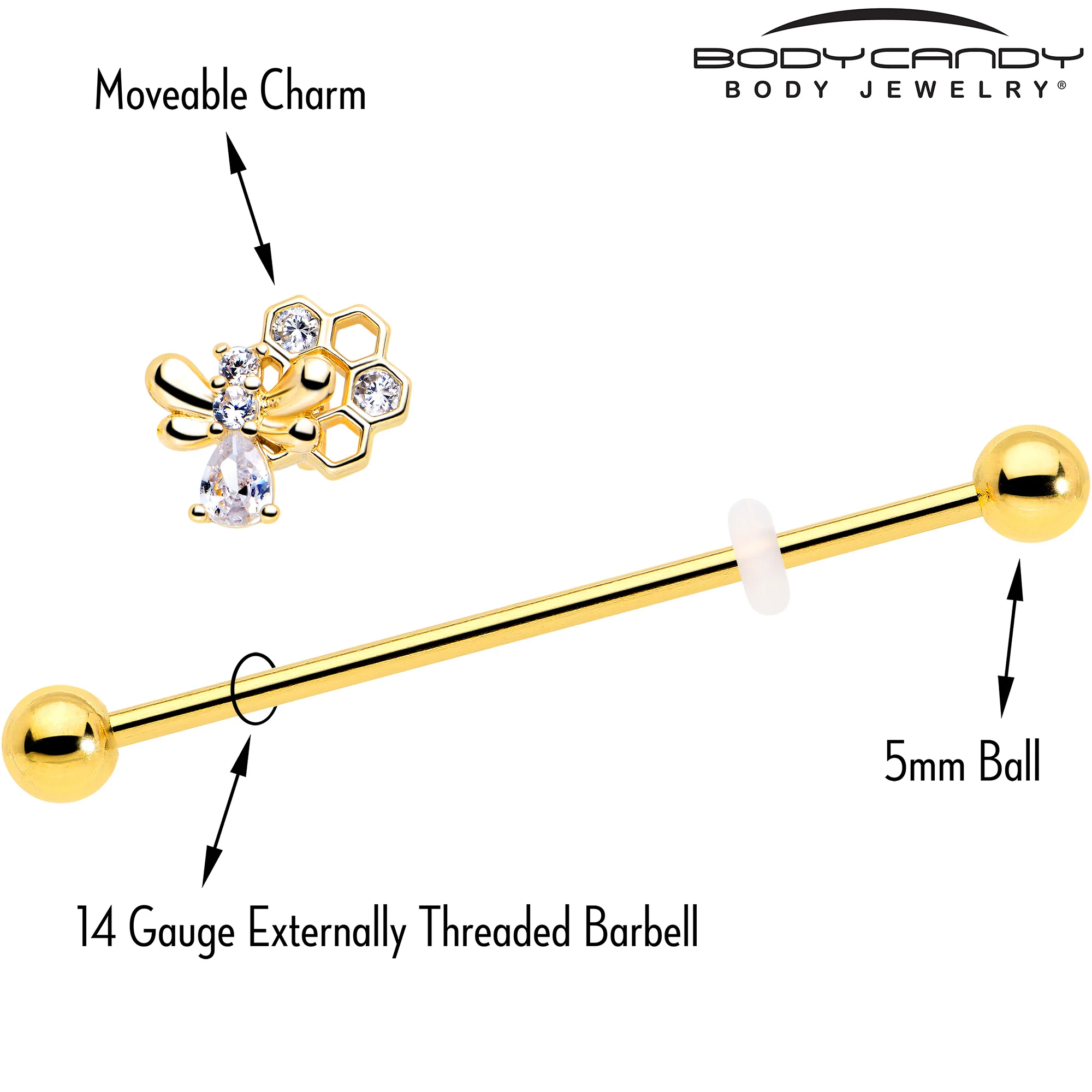 14G Clear CZ Gem Gold Tone Bee Hive Luv Industrial Barbell 38mm - Image 4