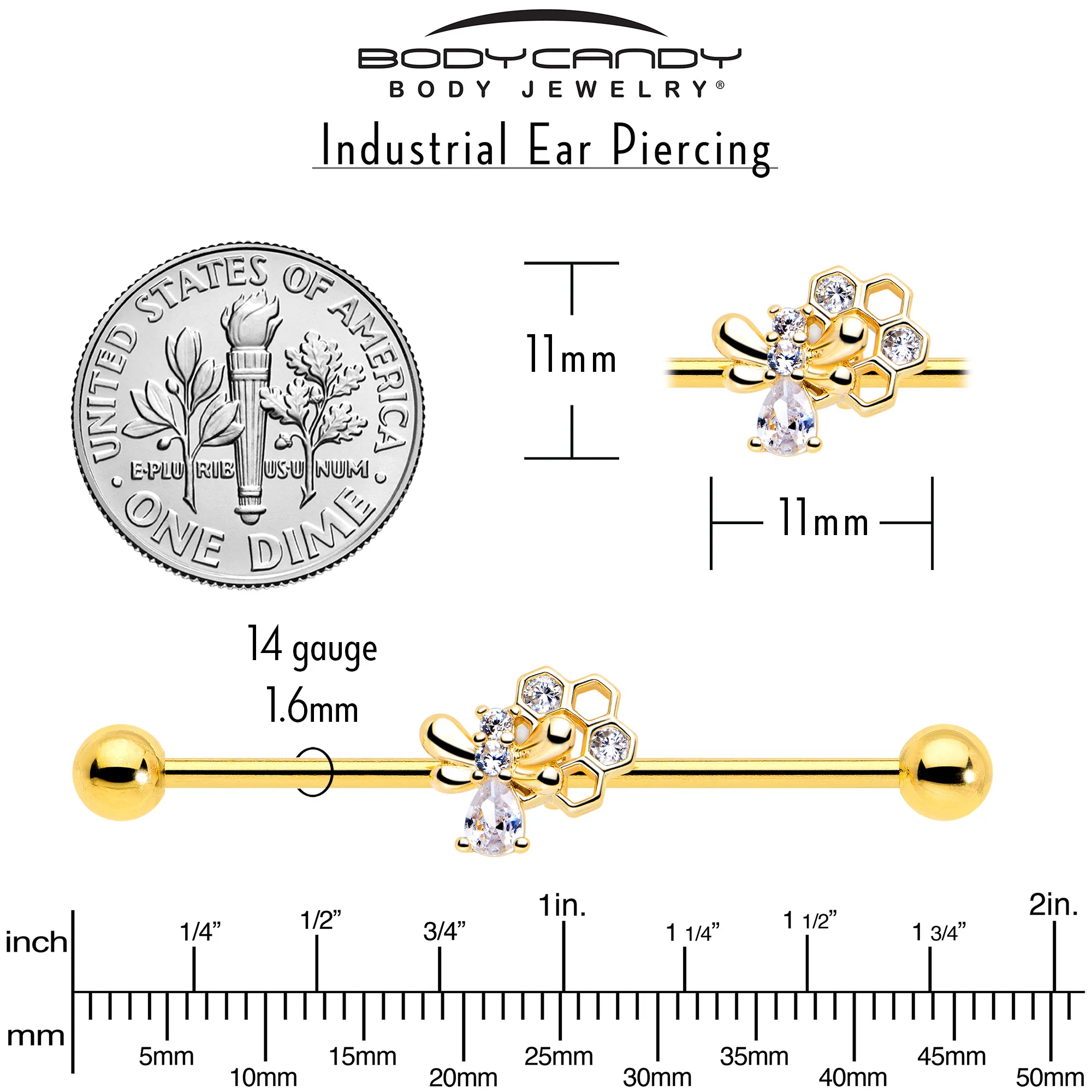 14G Clear CZ Gem Gold Tone Bee Hive Luv Industrial Barbell 38mm - Image 5
