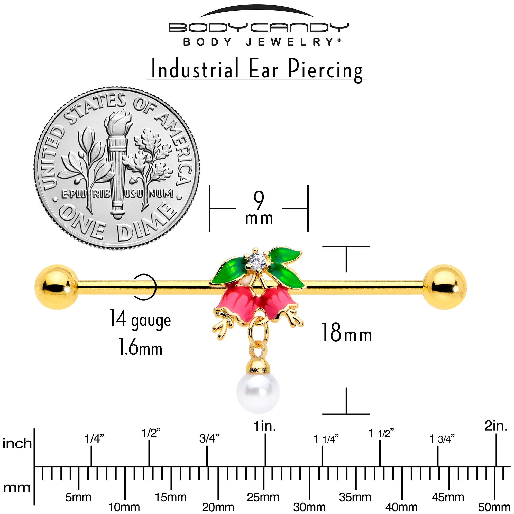 14G Clear CZ Gem Gold Tone Bell Flower Industrial Barbell 38mm - Image 4