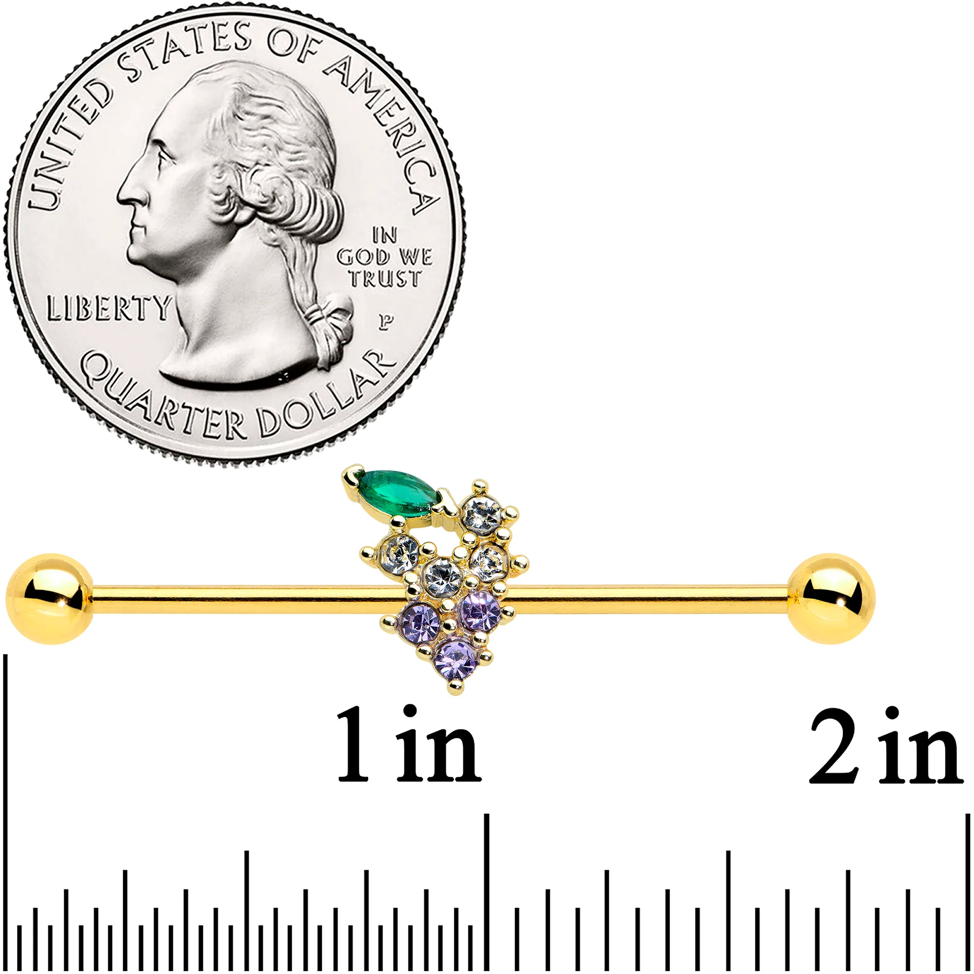 14G Clear CZ Gem Gold Tone Bunch Grapes Industrial Barbell 38mm - Image 2
