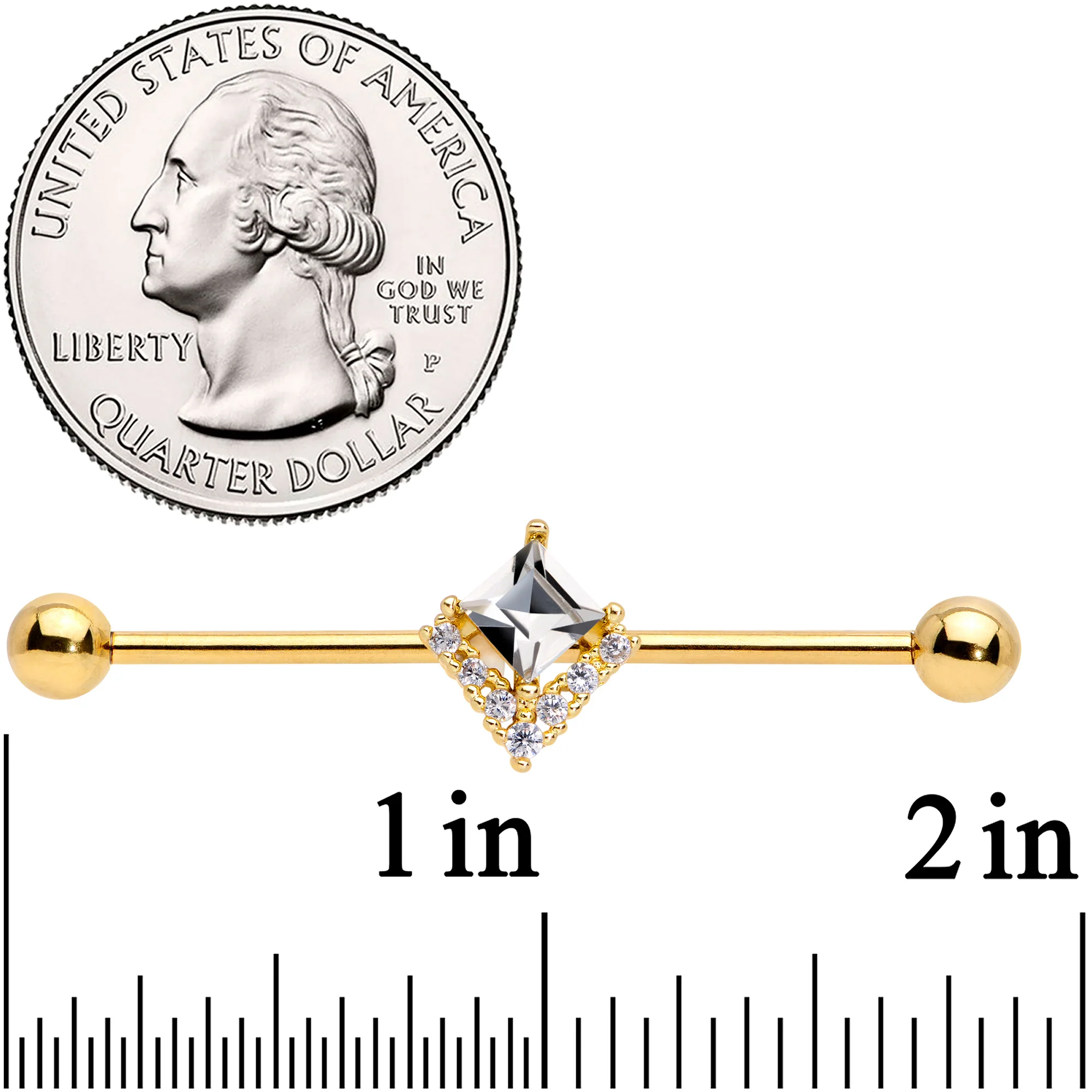 14G Clear CZ Gem Gold Tone Chevron Industrial Barbell 38mm - Image 2