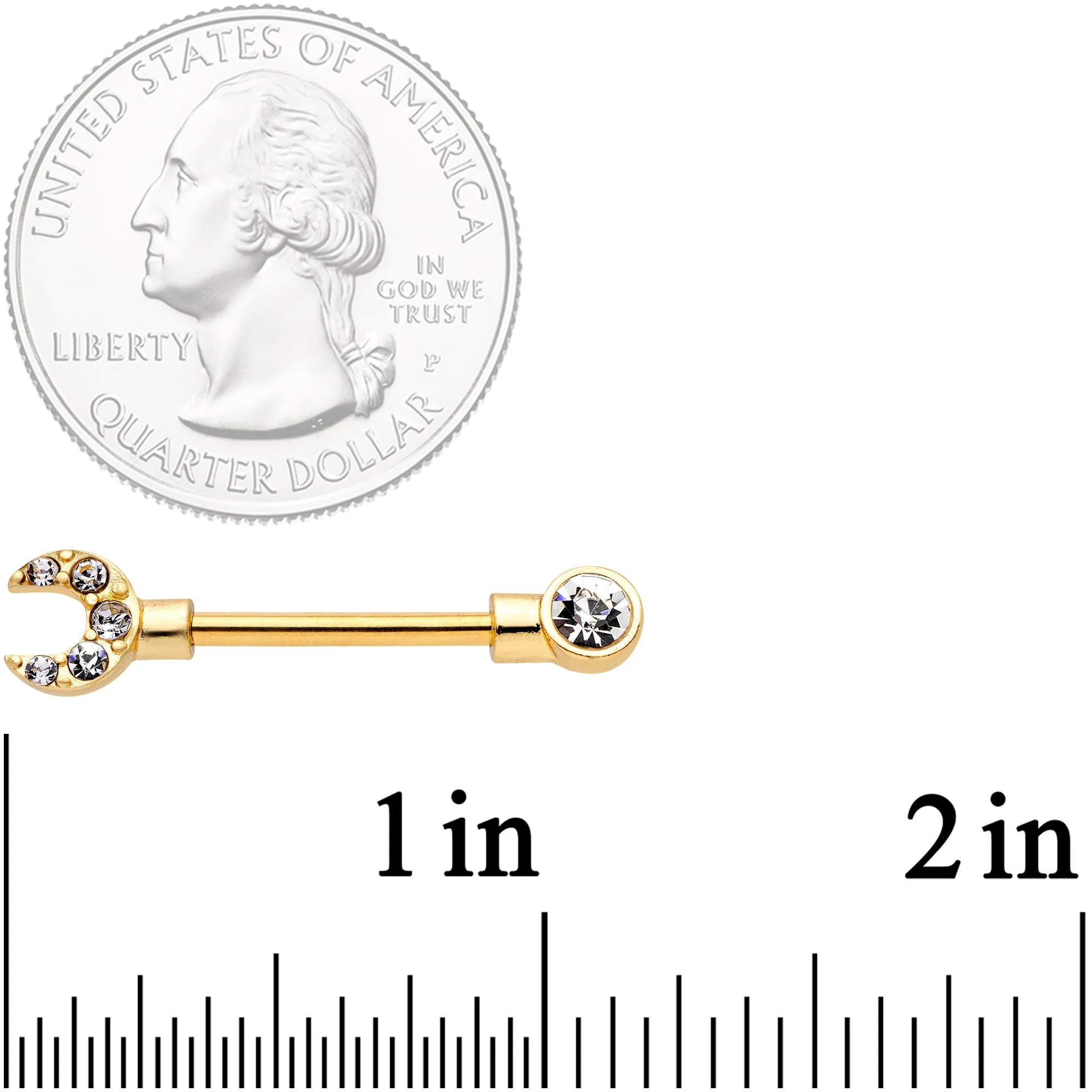 14G Clear CZ Gem Gold Tone Crescent Wrench Barbell Nipple Ring Set - Image 2