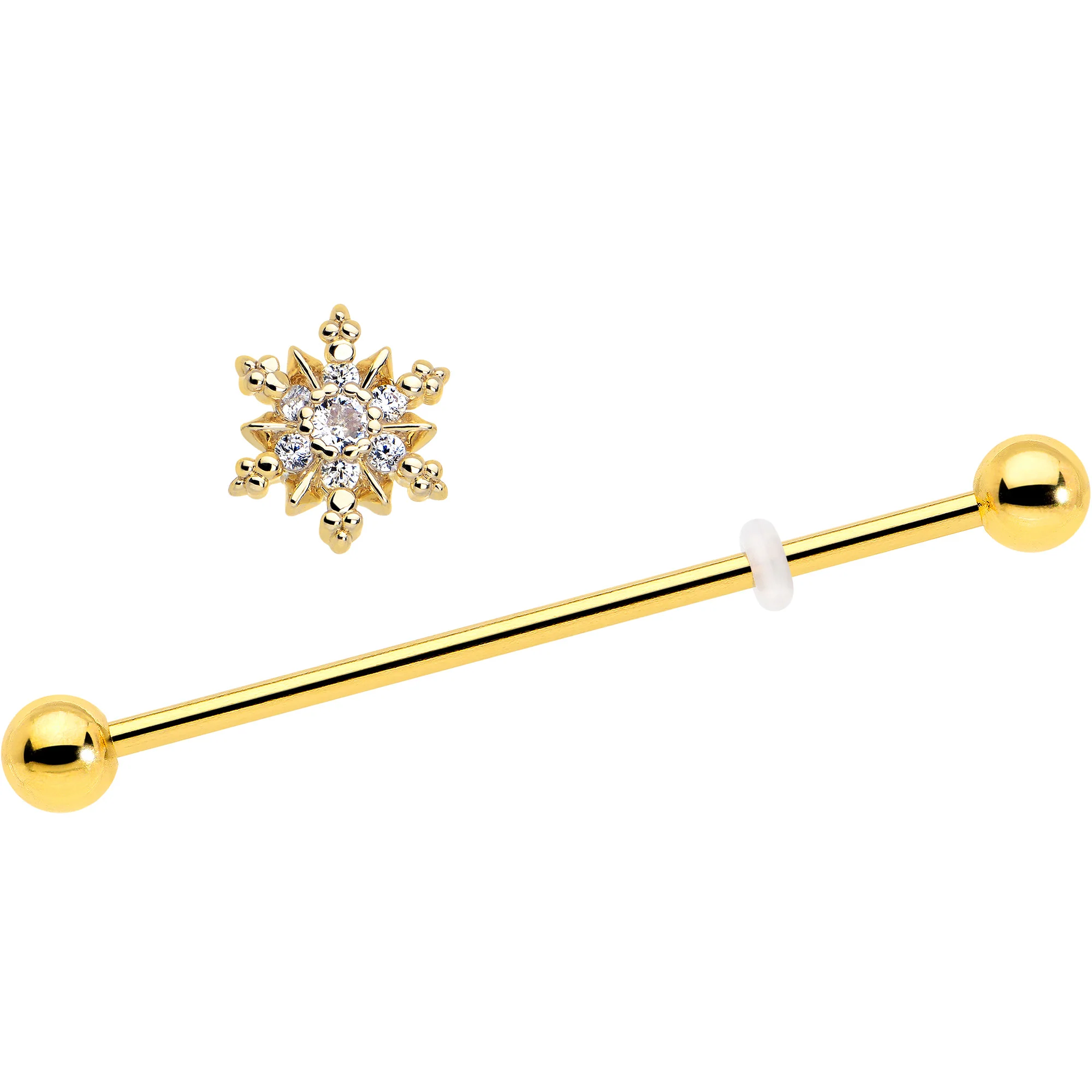 14G Clear CZ Gem Gold Tone Glam Snowflake Industrial Barbell 38mm - Image 2