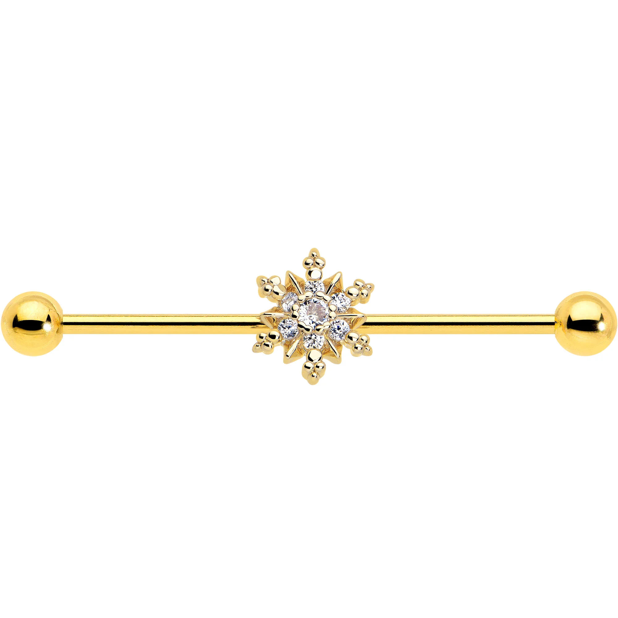 14G Clear CZ Gem Gold Tone Glam Snowflake Industrial Barbell 38mm - Image 3