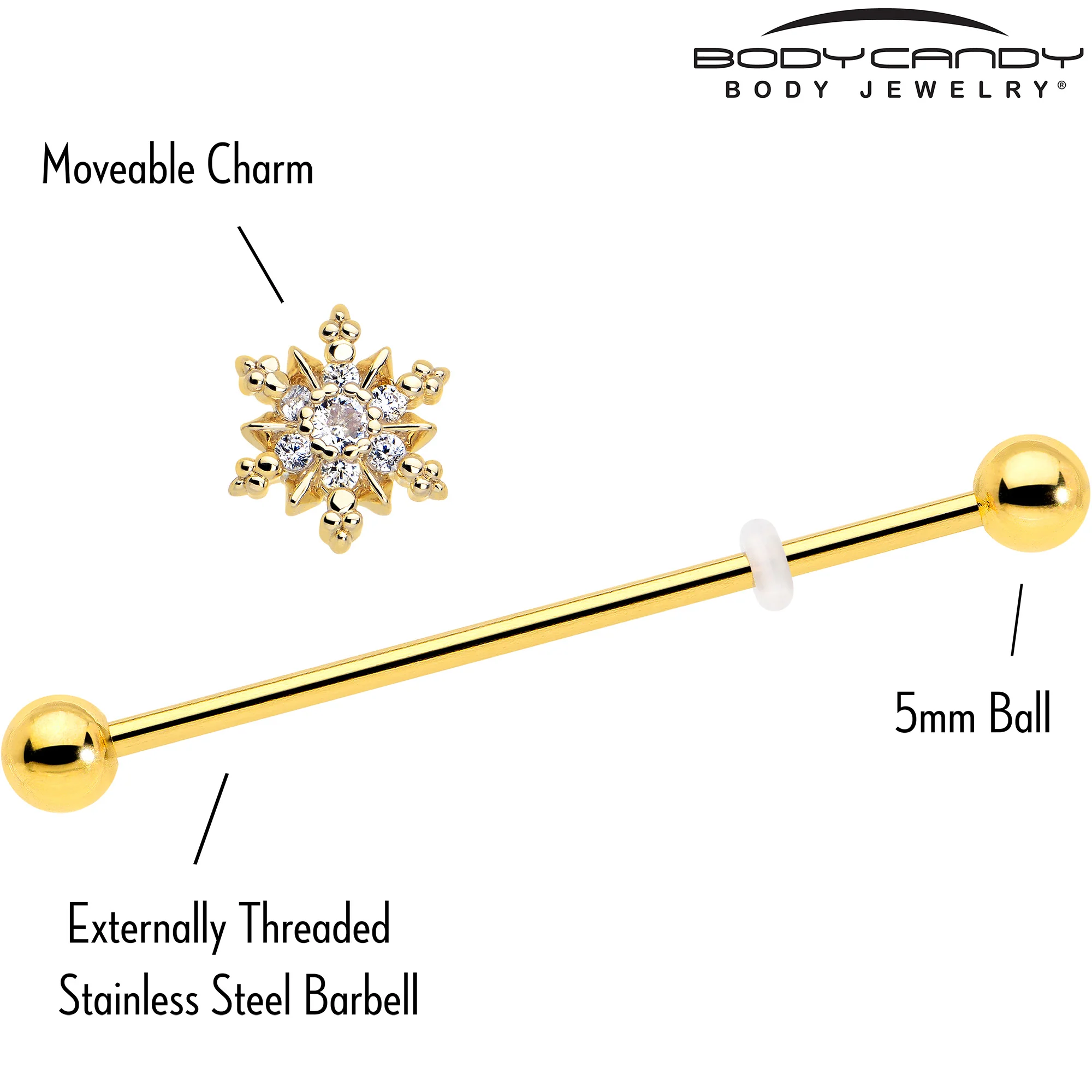 14G Clear CZ Gem Gold Tone Glam Snowflake Industrial Barbell 38mm - Image 4