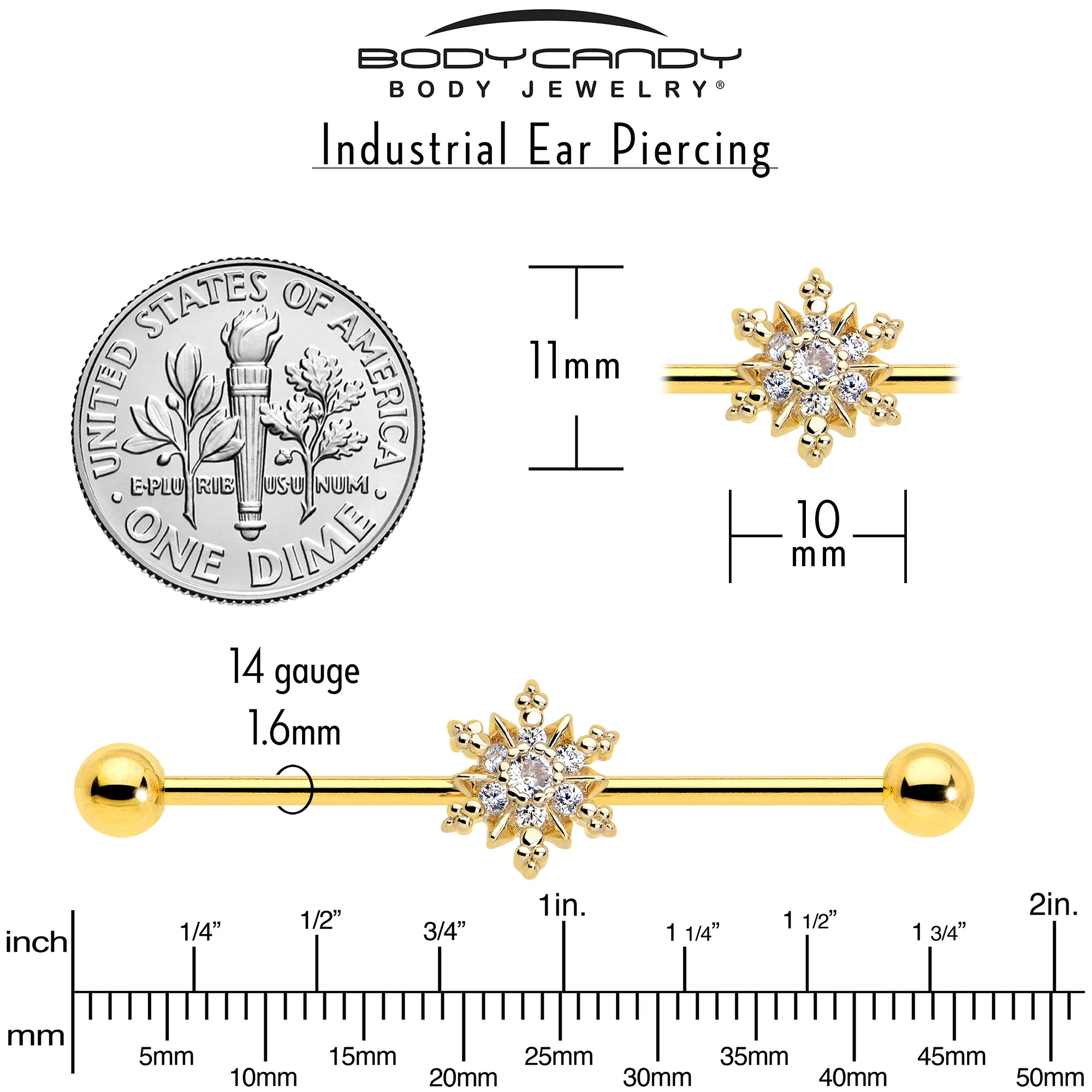 14G Clear CZ Gem Gold Tone Glam Snowflake Industrial Barbell 38mm - Image 5