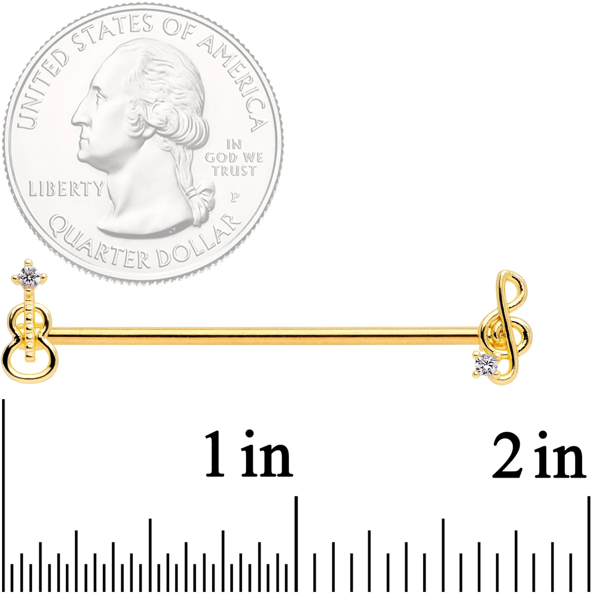 14G Clear CZ Gem Gold Tone Guitar Music Industrial Barbell 38mm - Image 2