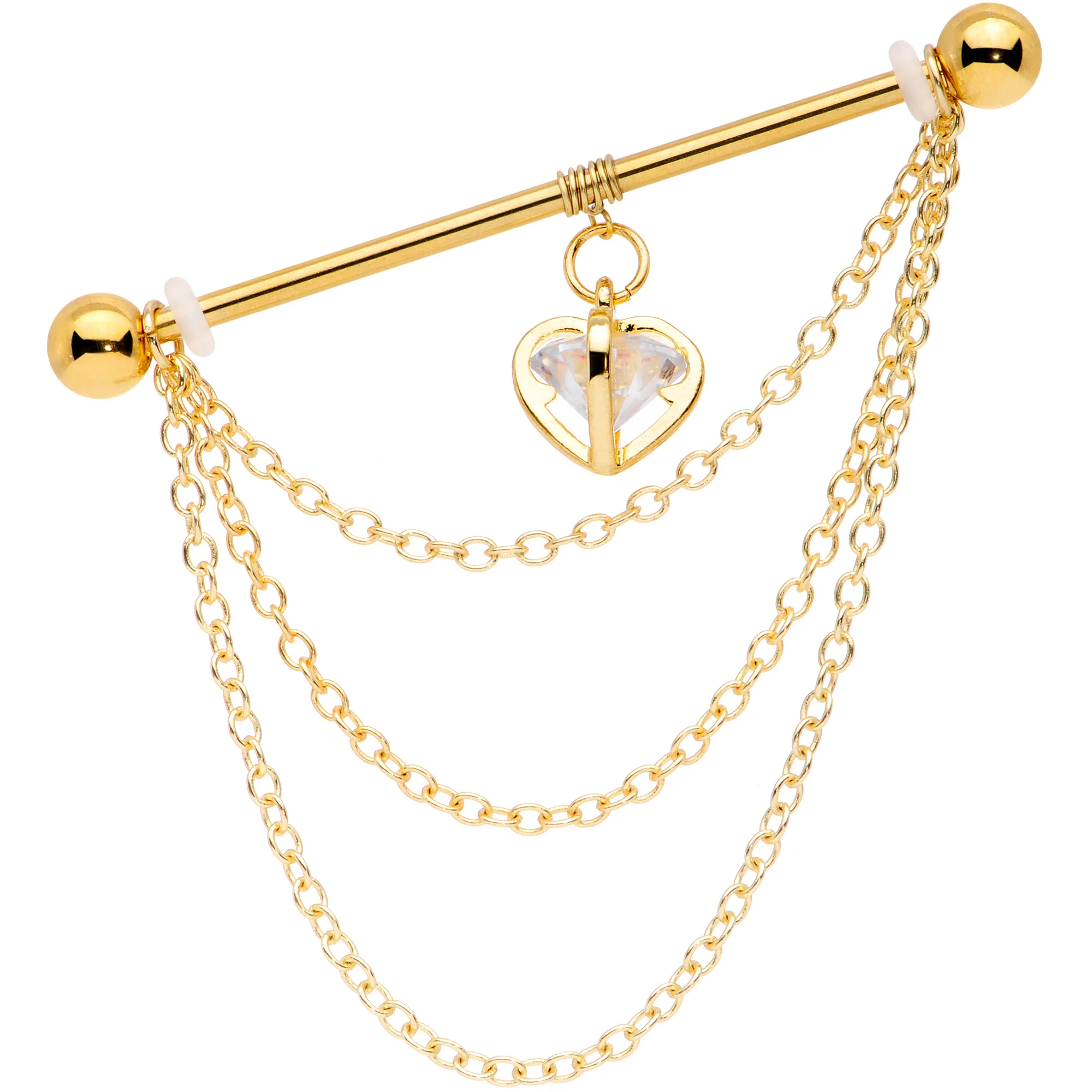 14G Clear CZ Gem Gold Tone Heart Dangle Industrial Barbell 38mm - Image 2