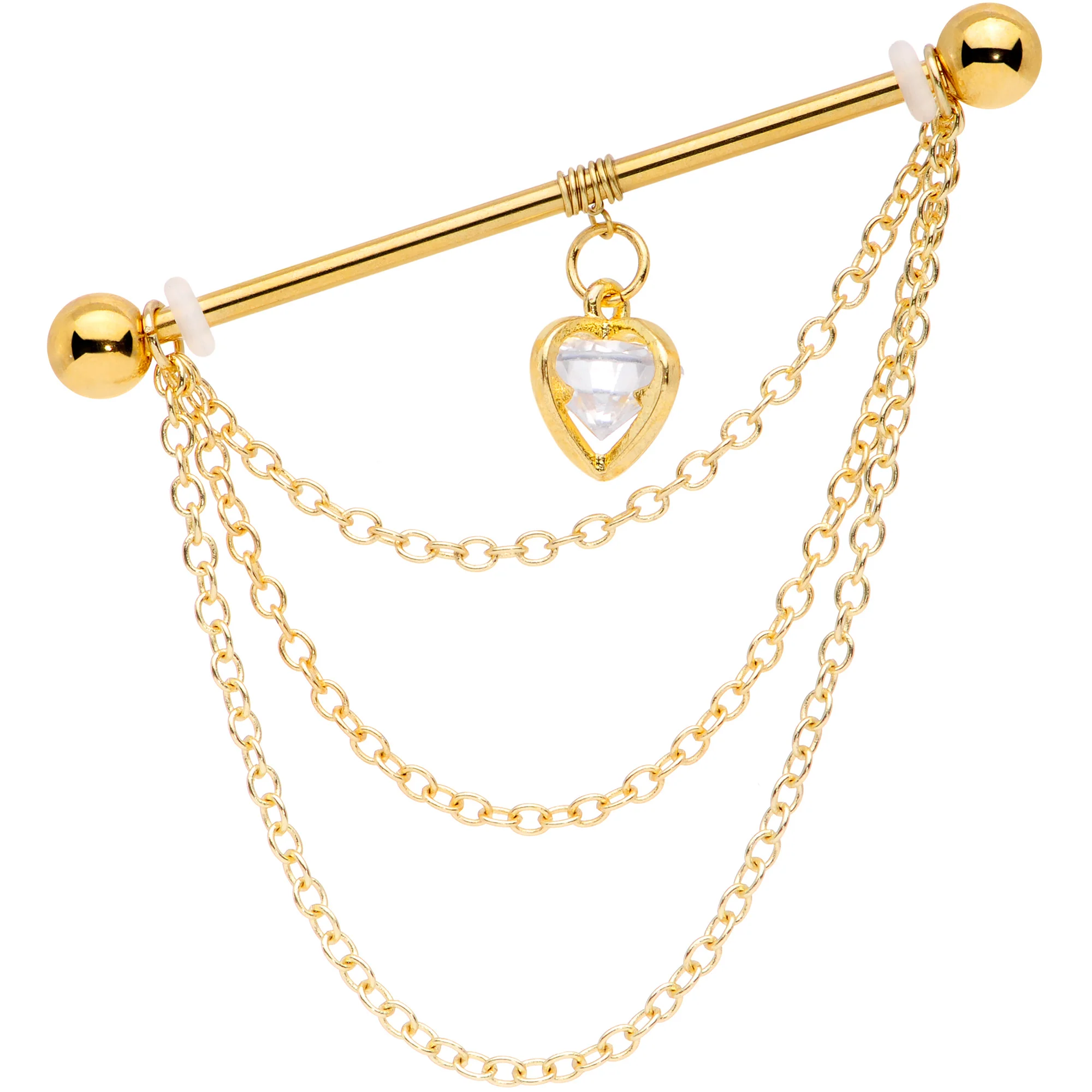 14G Clear CZ Gem Gold Tone Heart Dangle Industrial Barbell 38mm - Image 3