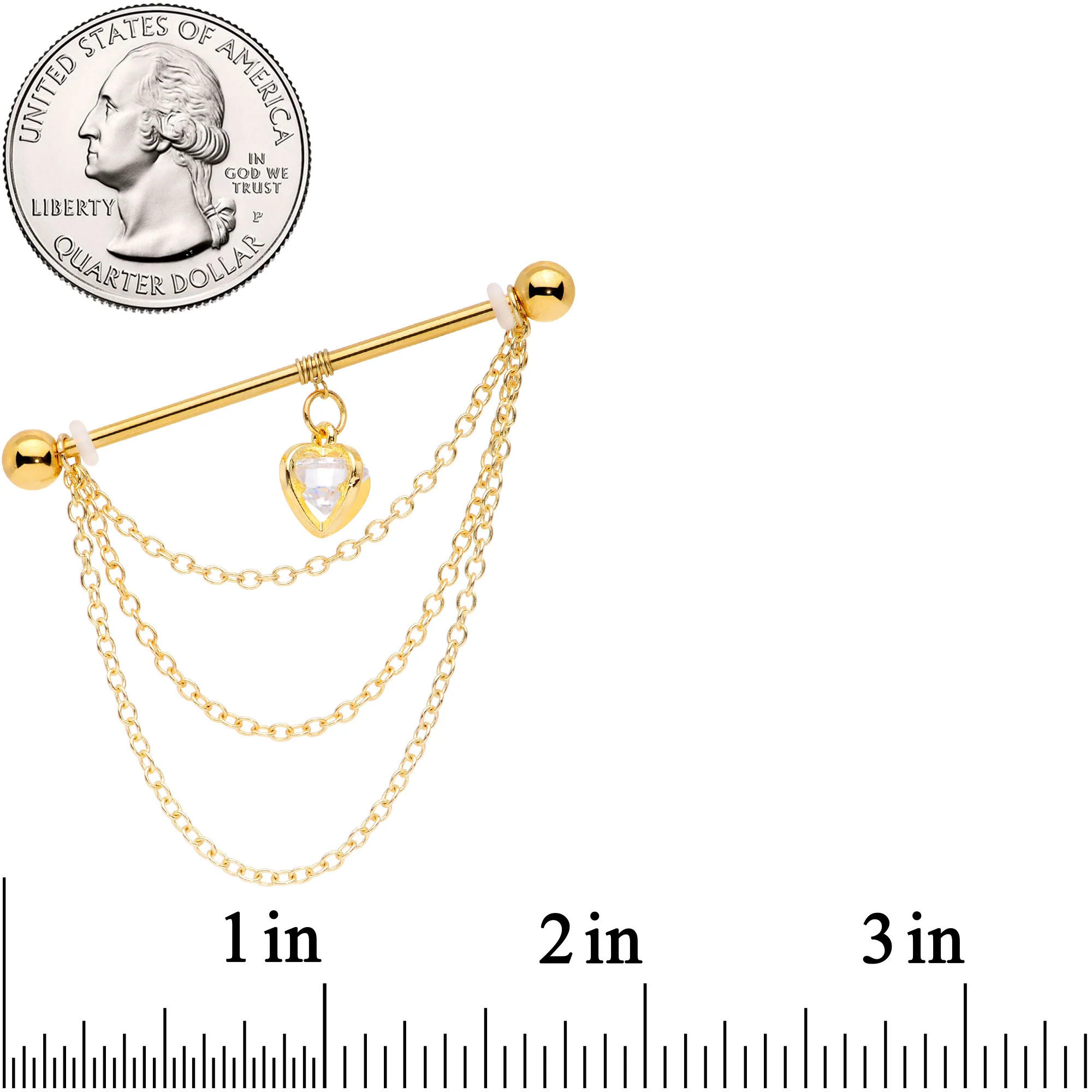 14G Clear CZ Gem Gold Tone Heart Dangle Industrial Barbell 38mm - Image 4