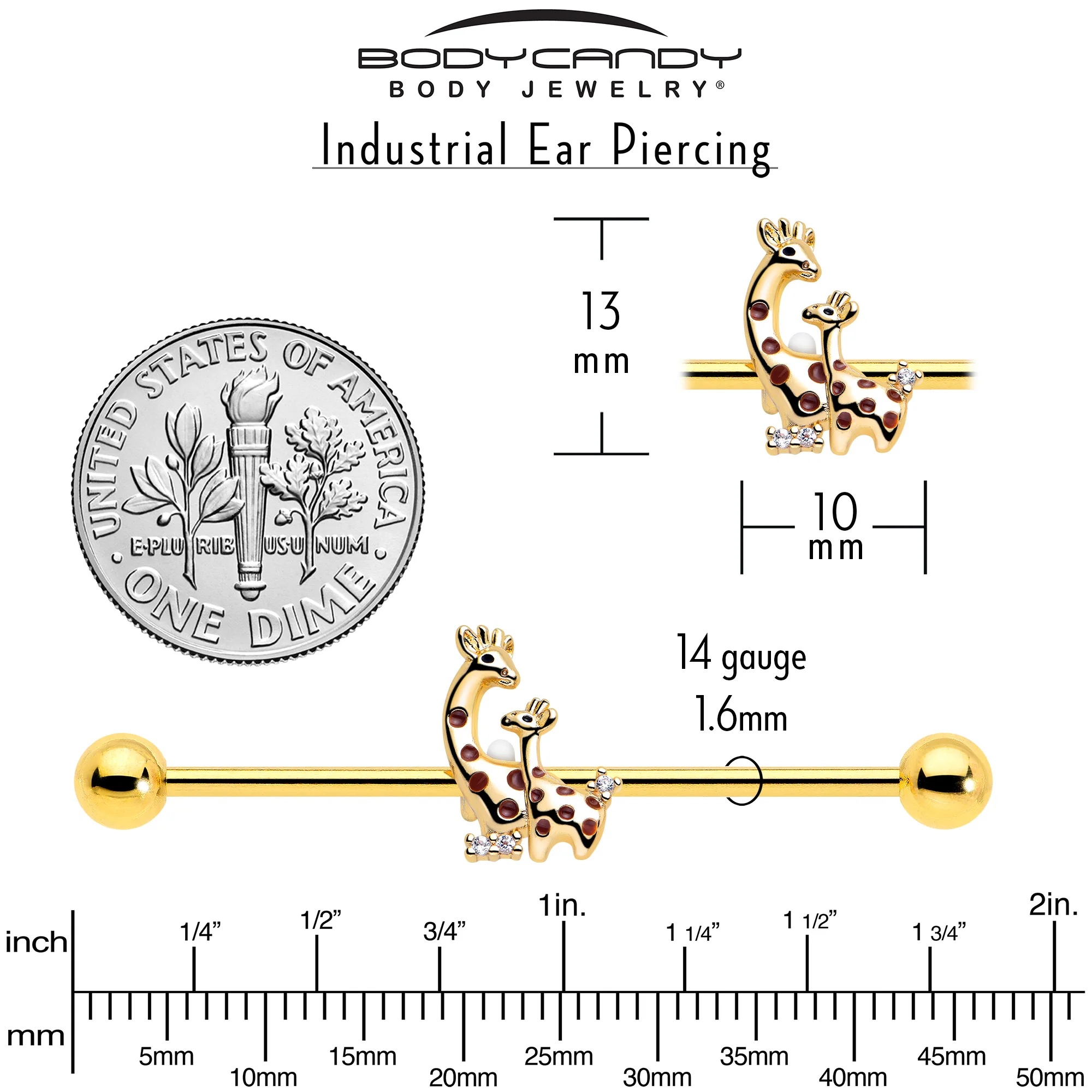 14G Clear CZ Gem Gold Tone Mom Baby Giraffe Industrial Barbell 38mm - Image 5