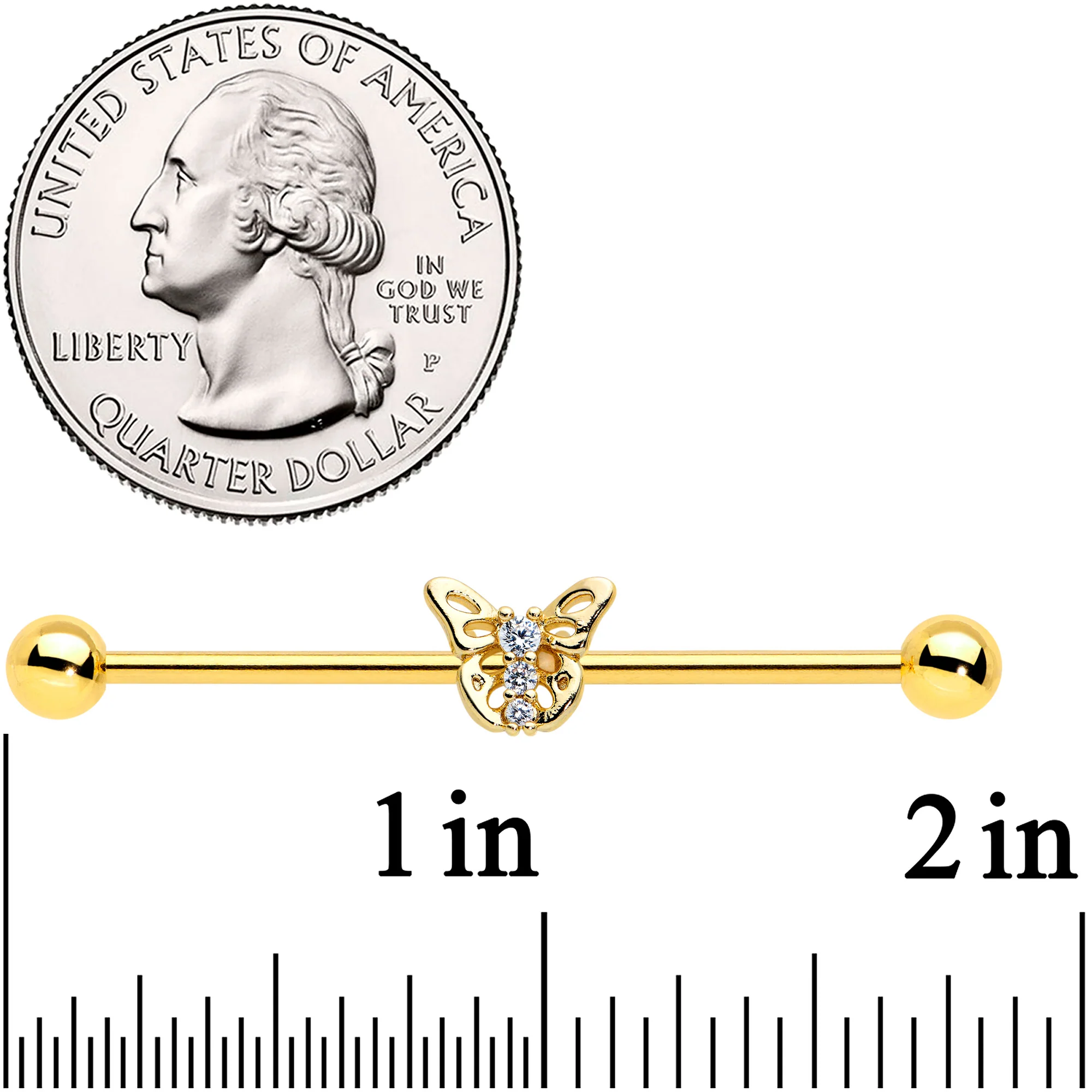 14G Clear CZ Gem Gold Tone Open Butterfly Industrial Barbell 38mm - Image 2