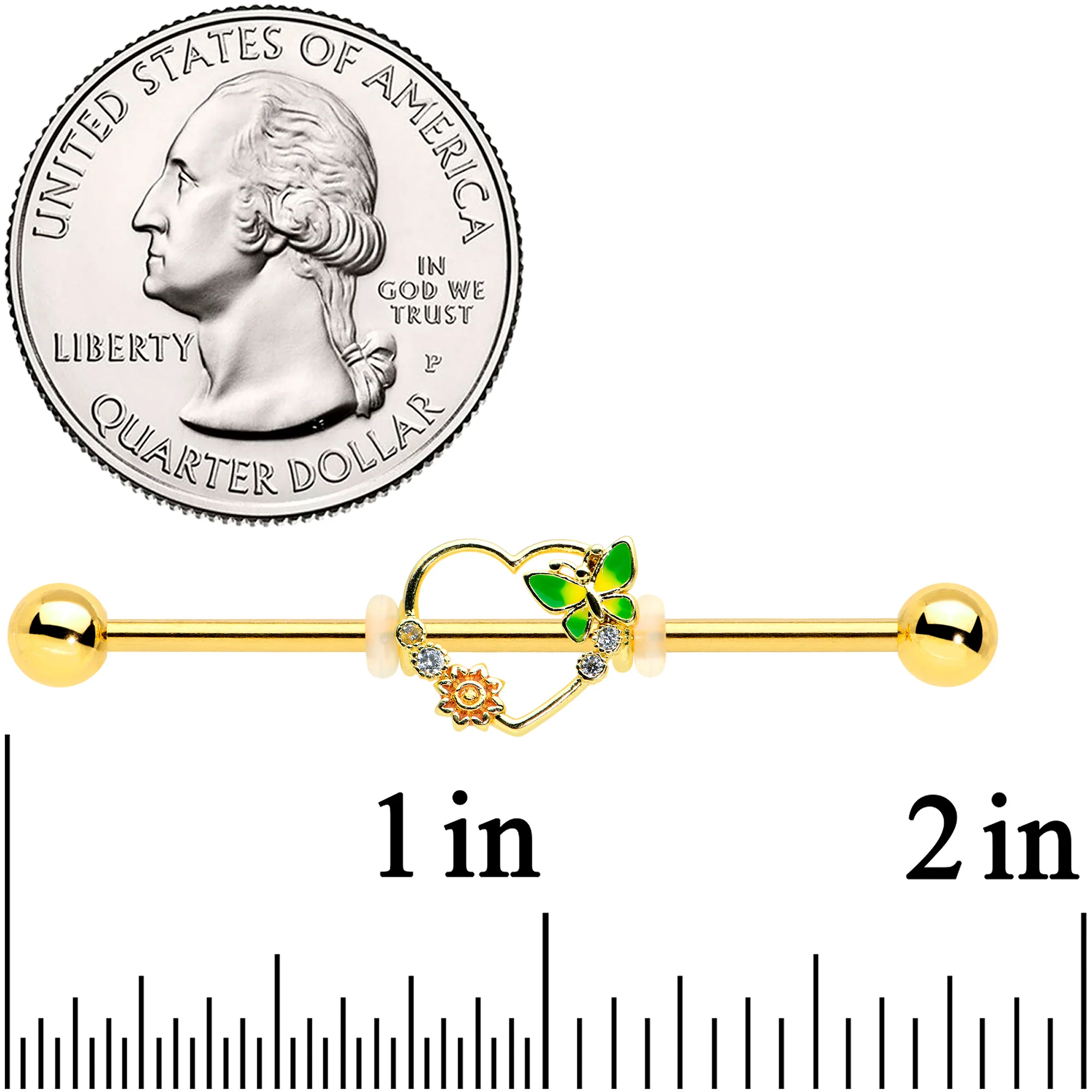 14G Clear CZ Gem Gold Tone Open Heart Sun Industrial Barbell 38mm - Image 2