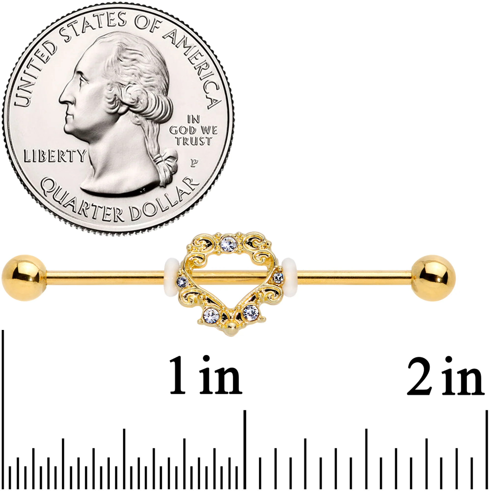 14G Clear CZ Gem Gold Tone Ornate Heart Industrial Barbell 38mm - Image 2