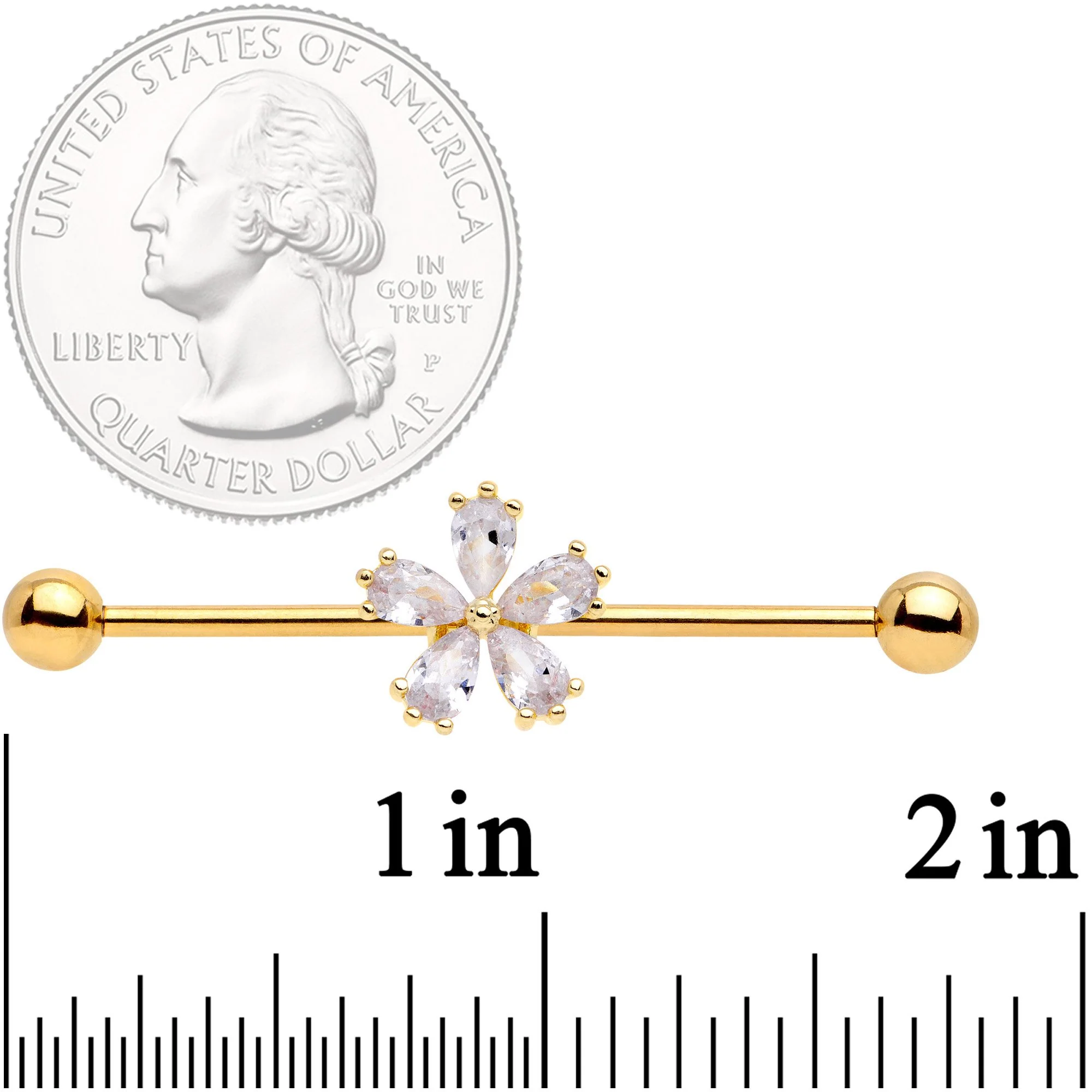 14G Clear CZ Gem Gold Tone Perfect Petals Flower Industrial Barbell 38mm - Image 2