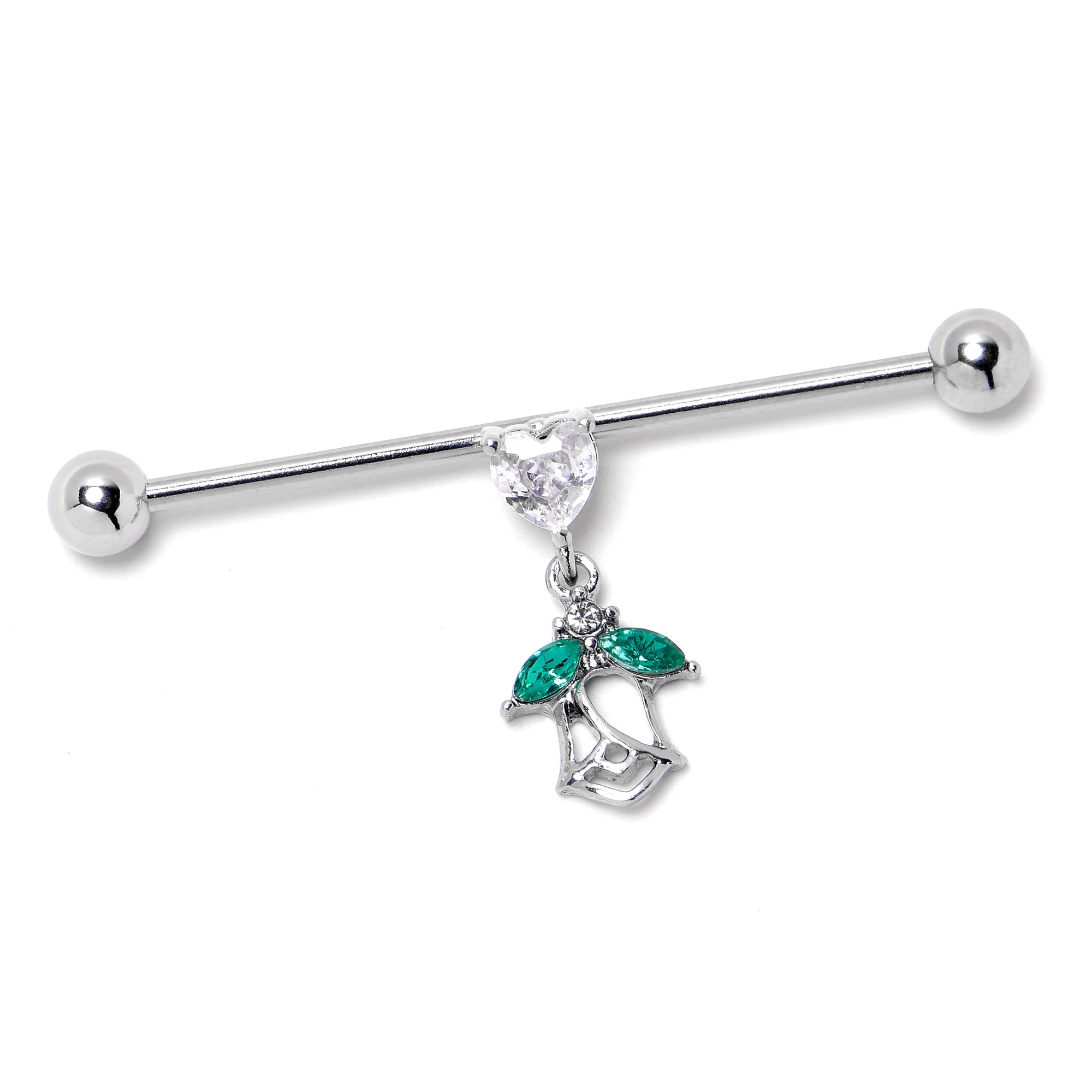 14G Clear CZ Gem Heart And Rose Dangle Industrial Barbell 38mm - Image 6