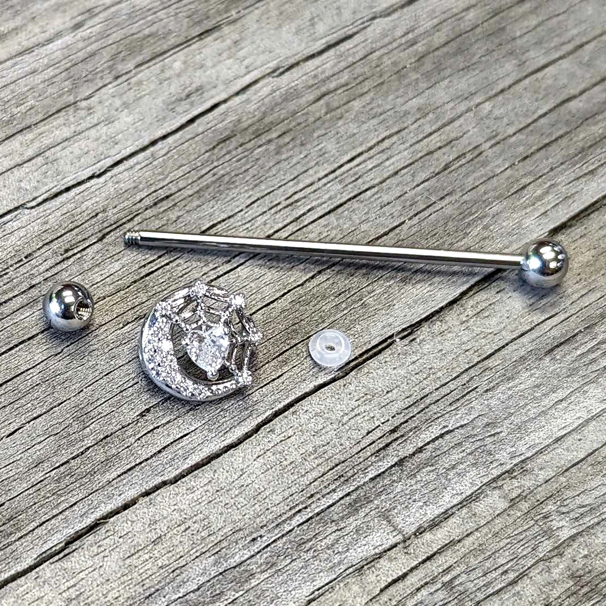 14G Clear CZ Gem Heart Web Moon Industrial Barbell 38mm - Image 5