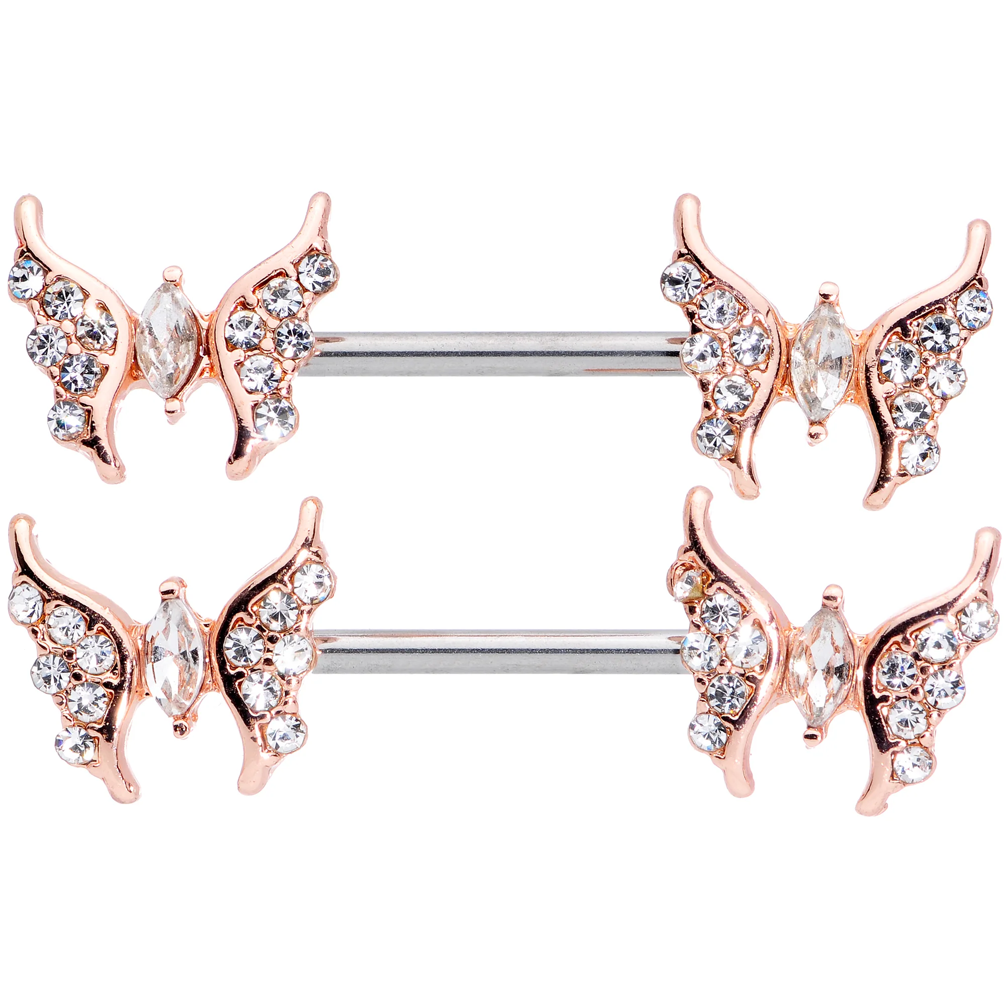 14G Clear CZ Gem Rose Gold Hue Drama Butterfly Barbell Nipple Ring Set - Image 2