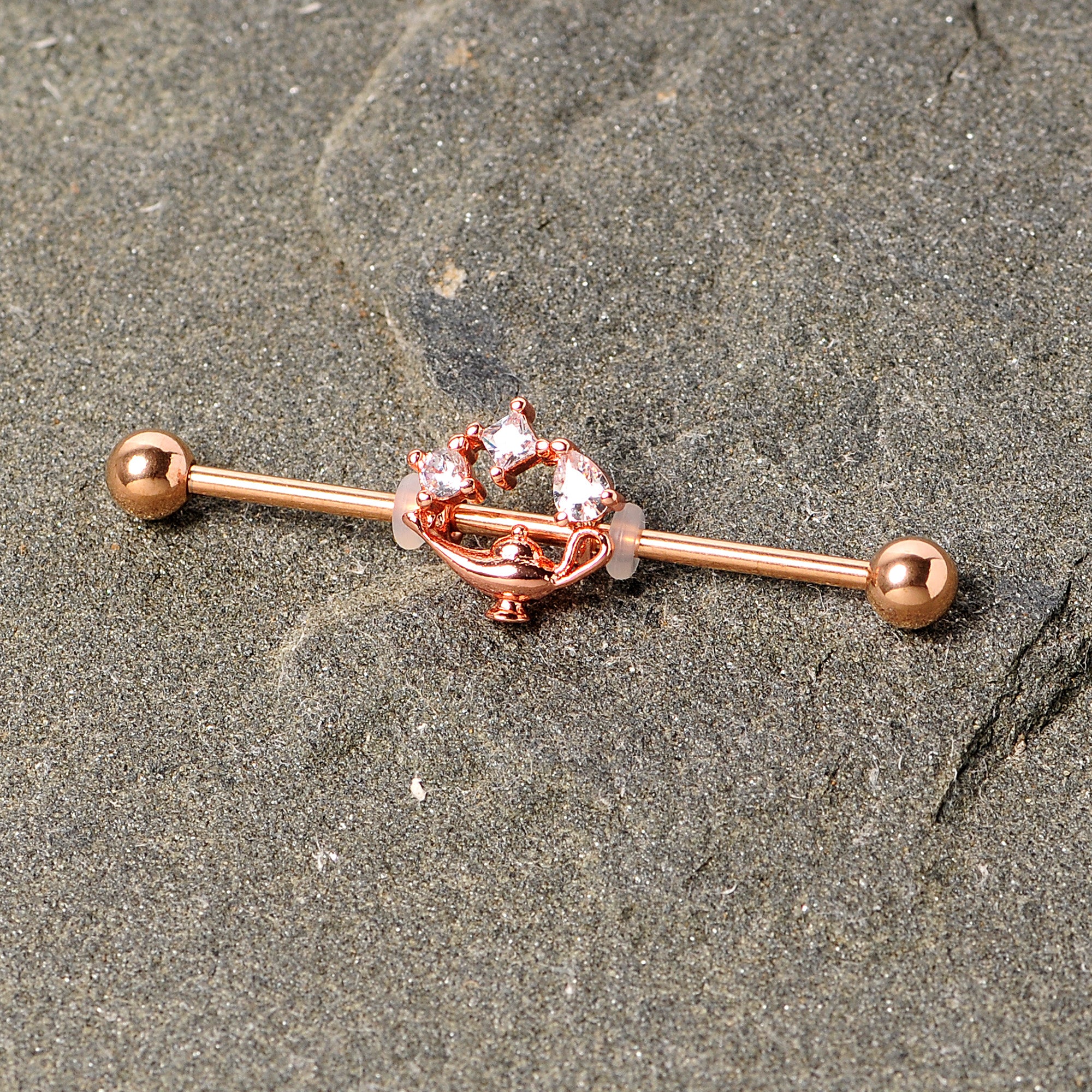 14G Clear CZ Gem Rose Gold Hue Genie Lamp Industrial Barbell 38mm - Image 3