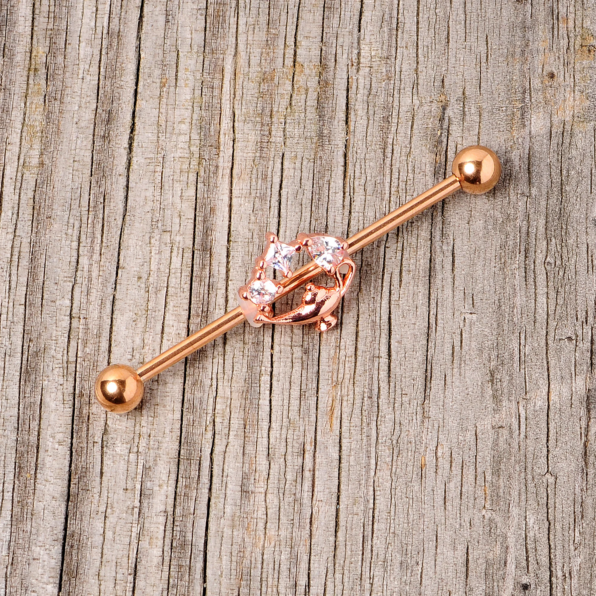 14G Clear CZ Gem Rose Gold Hue Genie Lamp Industrial Barbell 38mm - Image 4