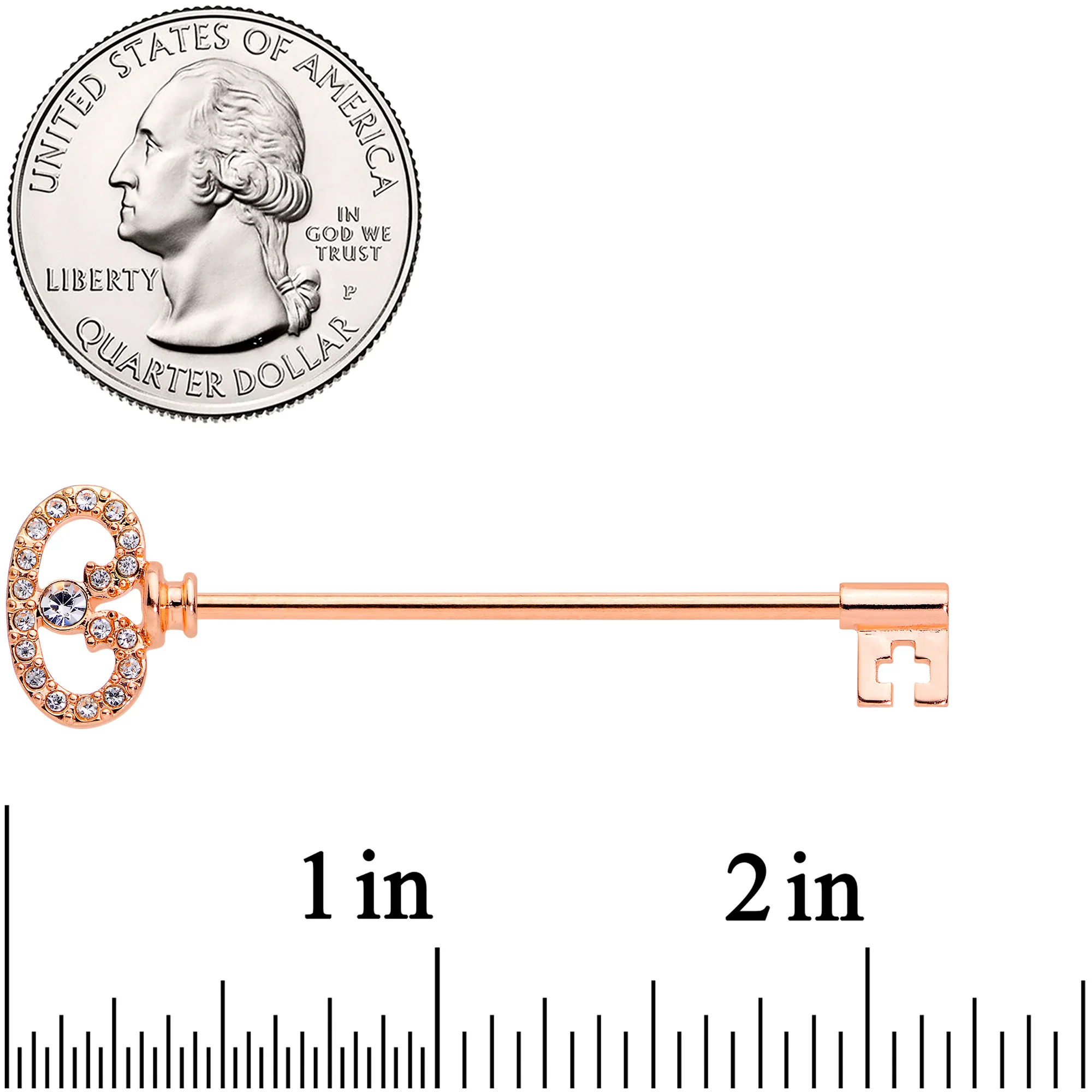 14G Clear CZ Gem Rose Gold Hue Love Key Industrial Barbell 38mm - Image 3