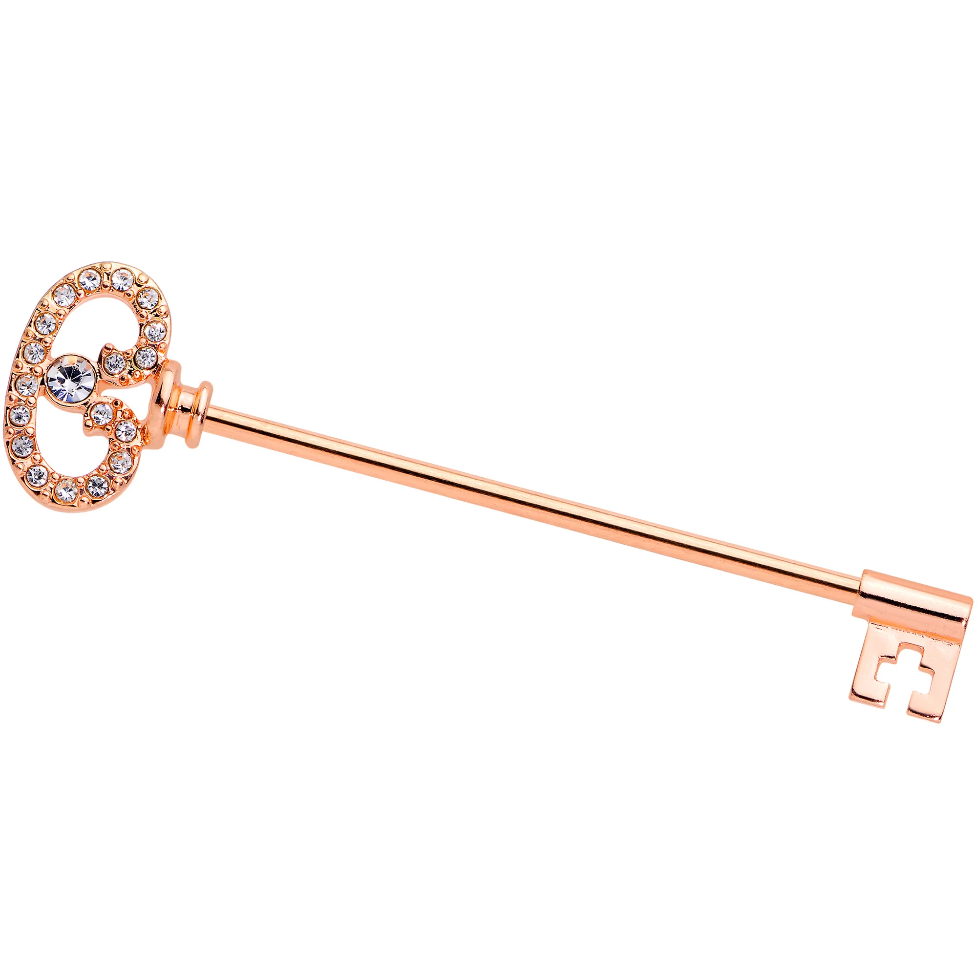 14G Clear CZ Gem Rose Gold Hue Love Key Industrial Barbell 38mm - Image 4