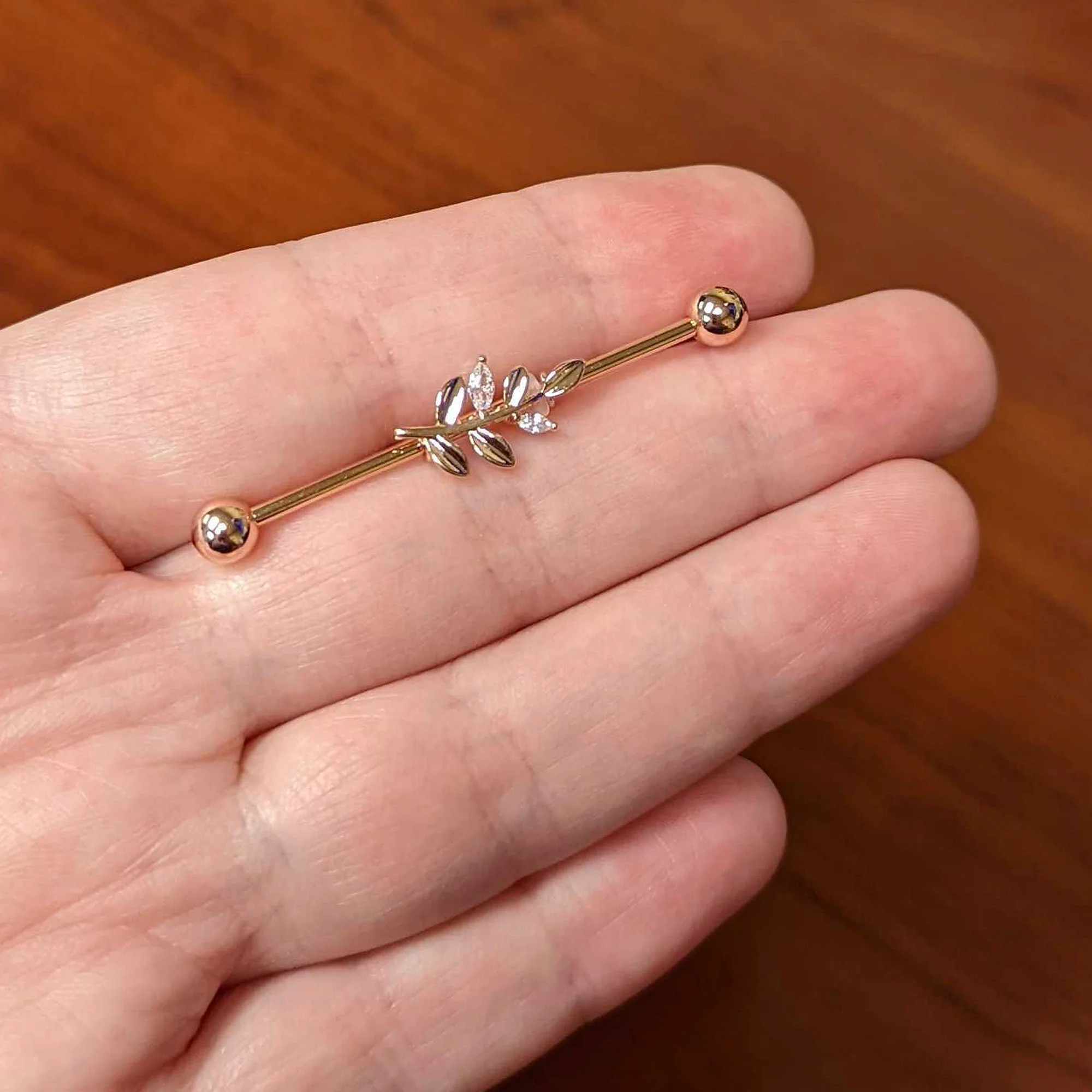 14G Clear CZ Gem Rose Gold Hue Simple Leaf Industrial Barbell 38mm - Image 3